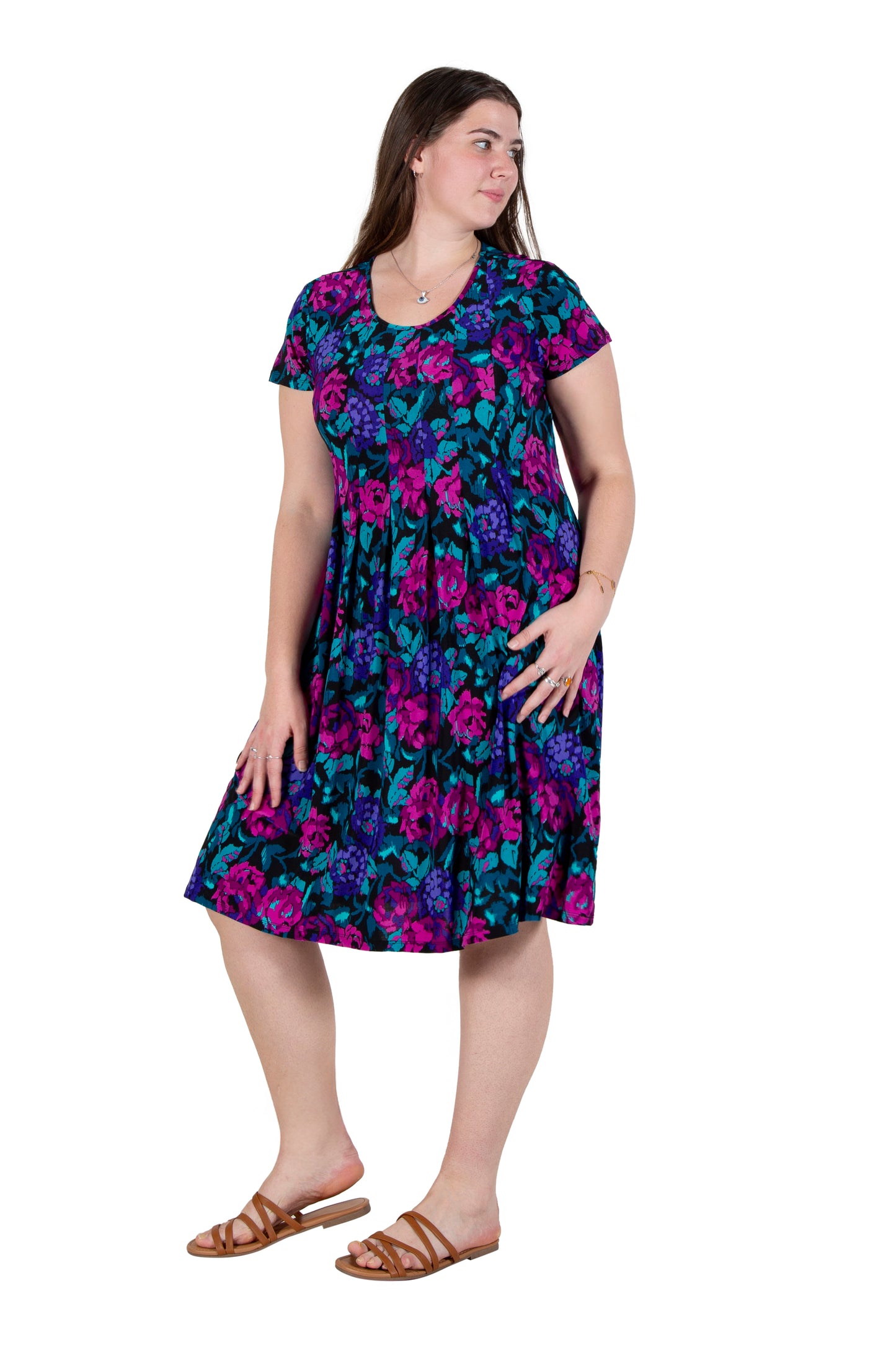 La Cera Impressionistic Floral Pleat Front Dress