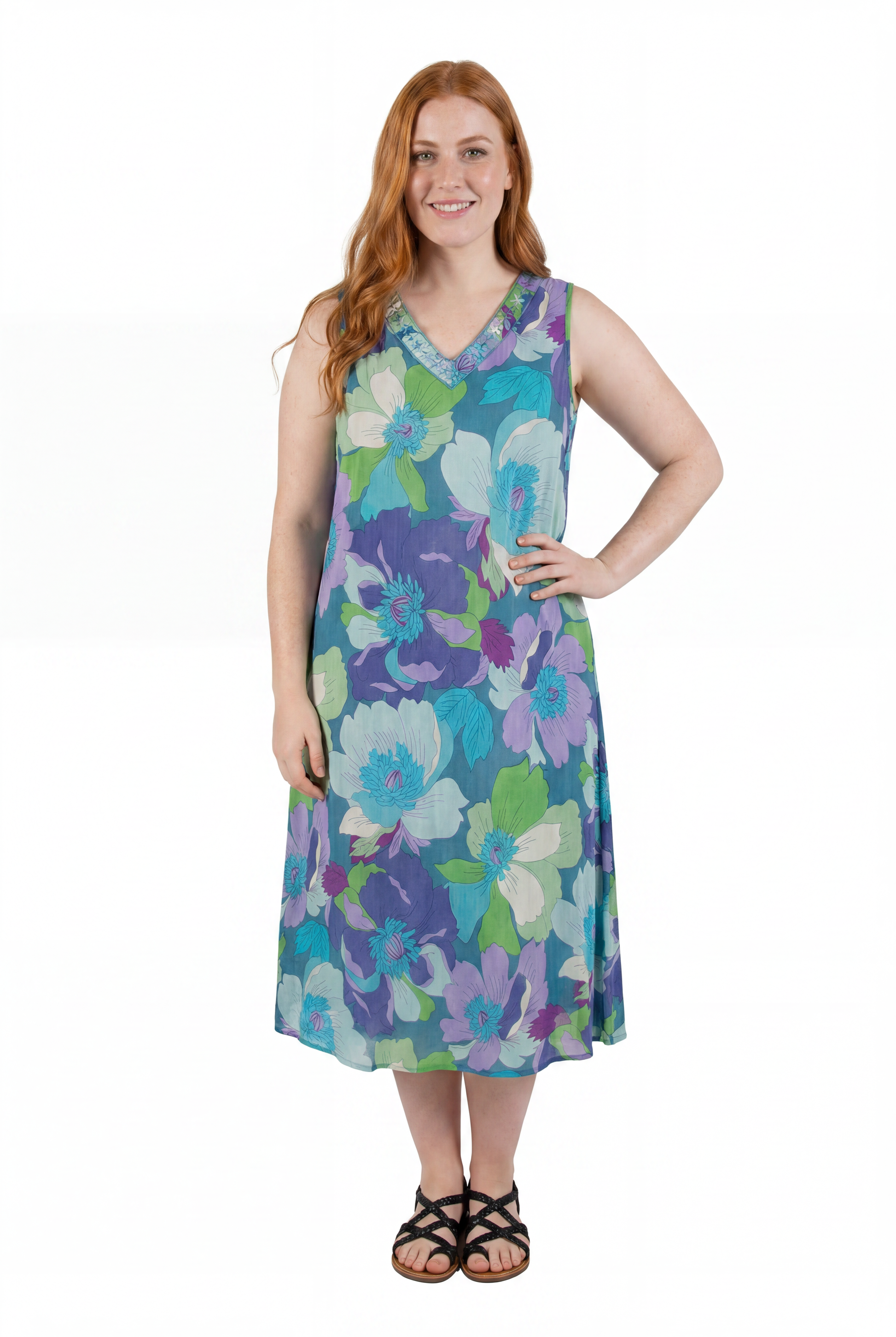 La Cera Sleeveless V-Neck Retro Floral Dress - La Cera