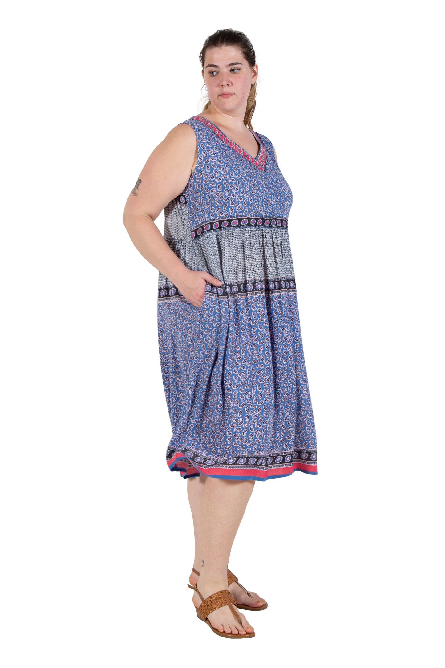 Plus Size V-Neckline Empire Waist Border Print Dress