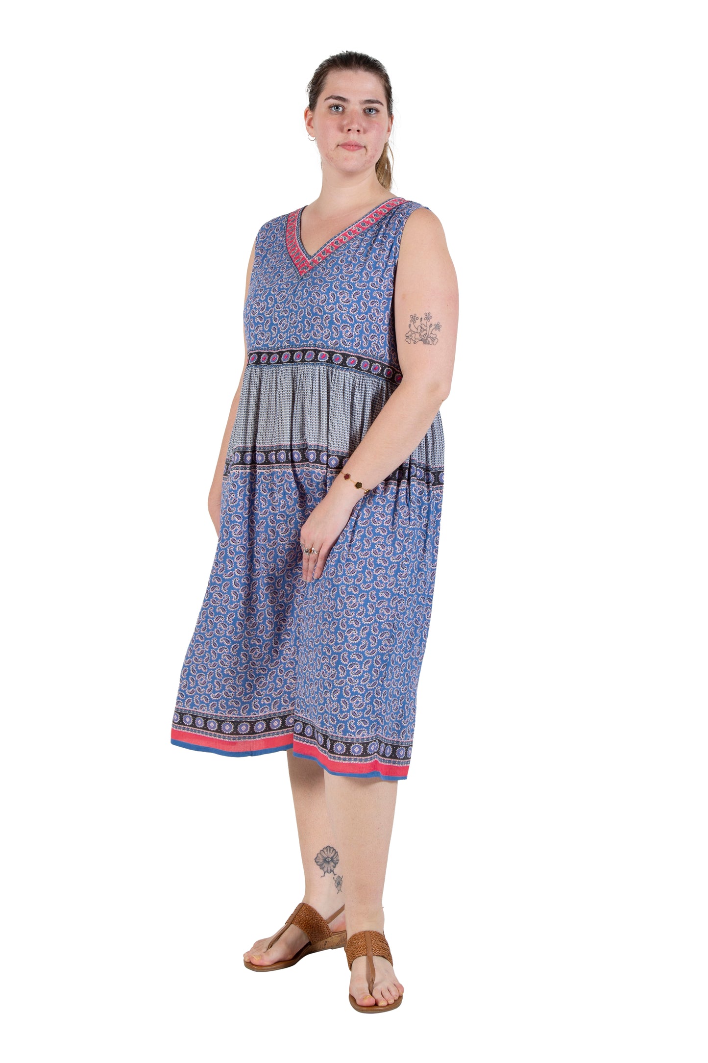 Plus Size V-Neckline Empire Waist Border Print Dress