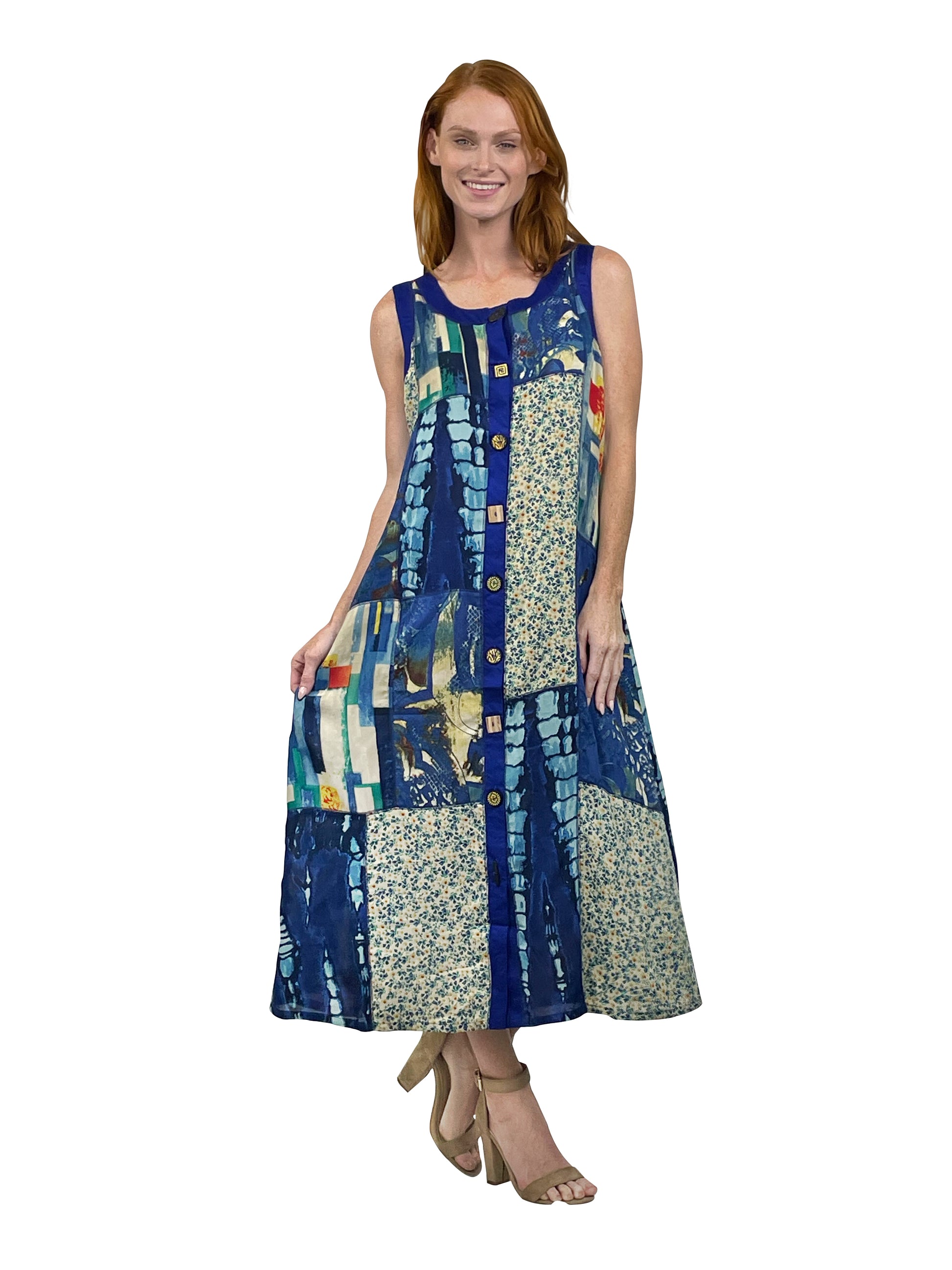 Sleeveless Print Dress with Novelty Buttons - La Cera