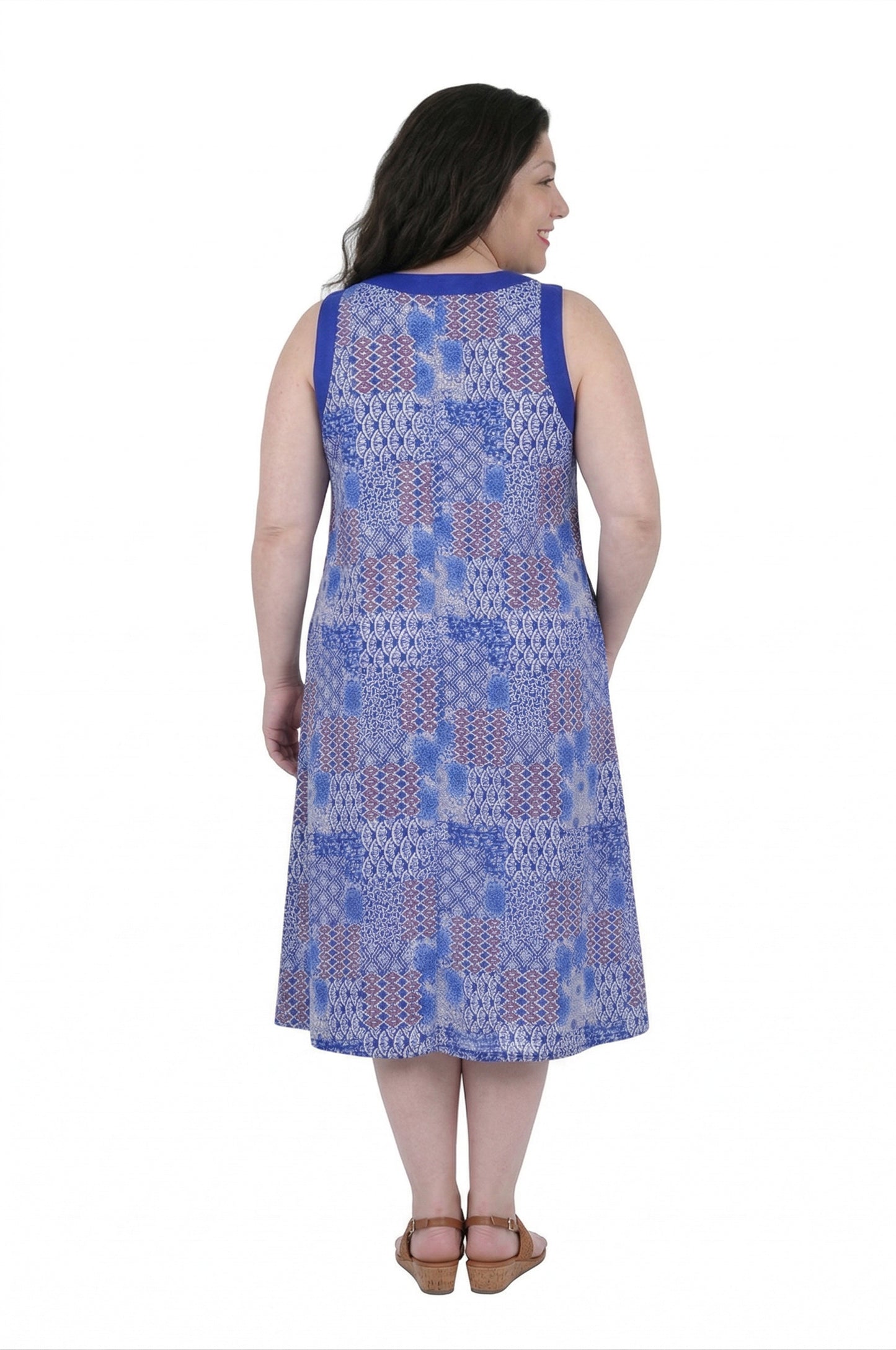 La Cera Blue Patchwork Plus Size Sleeveless Dress - La Cera