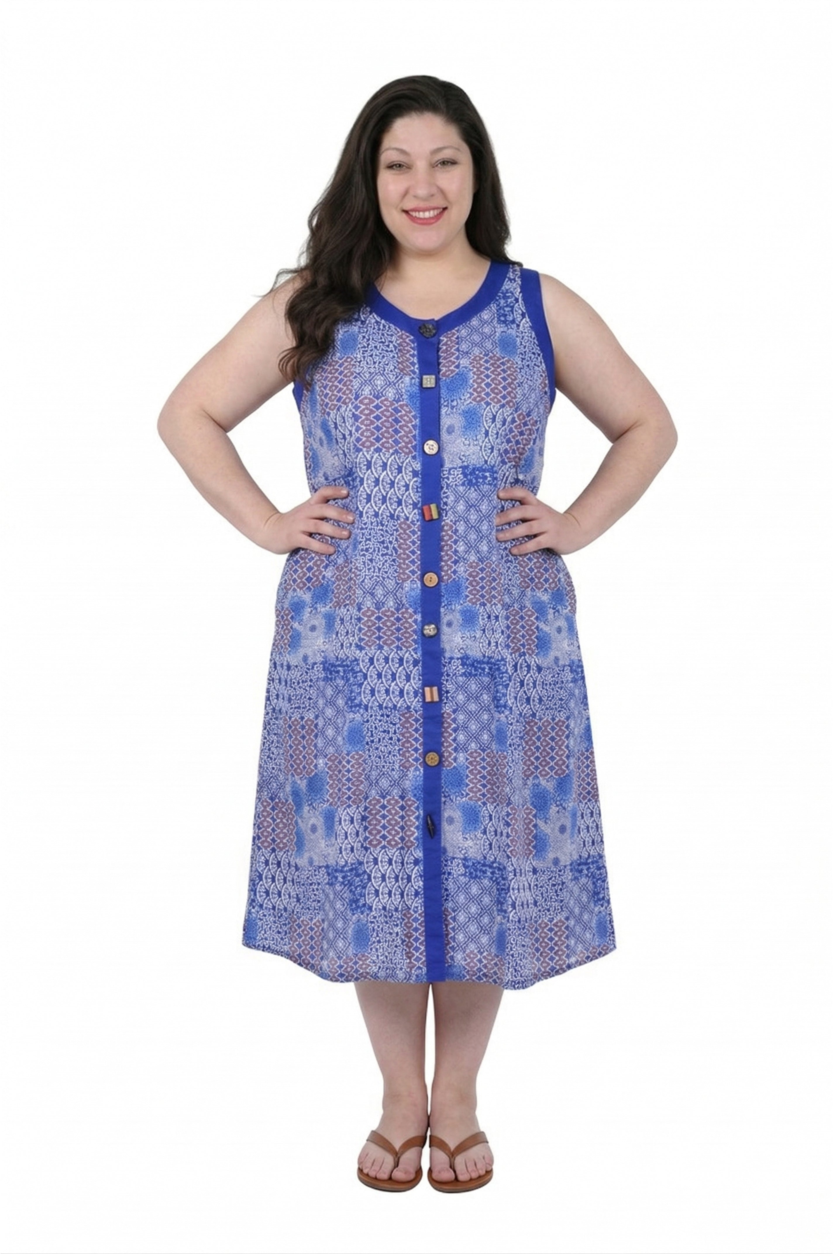 La Cera Blue Patchwork Plus Size Sleeveless Dress - La Cera