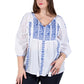 La Cera Plus Size 3/4 Sleeve Stripe Embroidered Peasant Top - La Cera