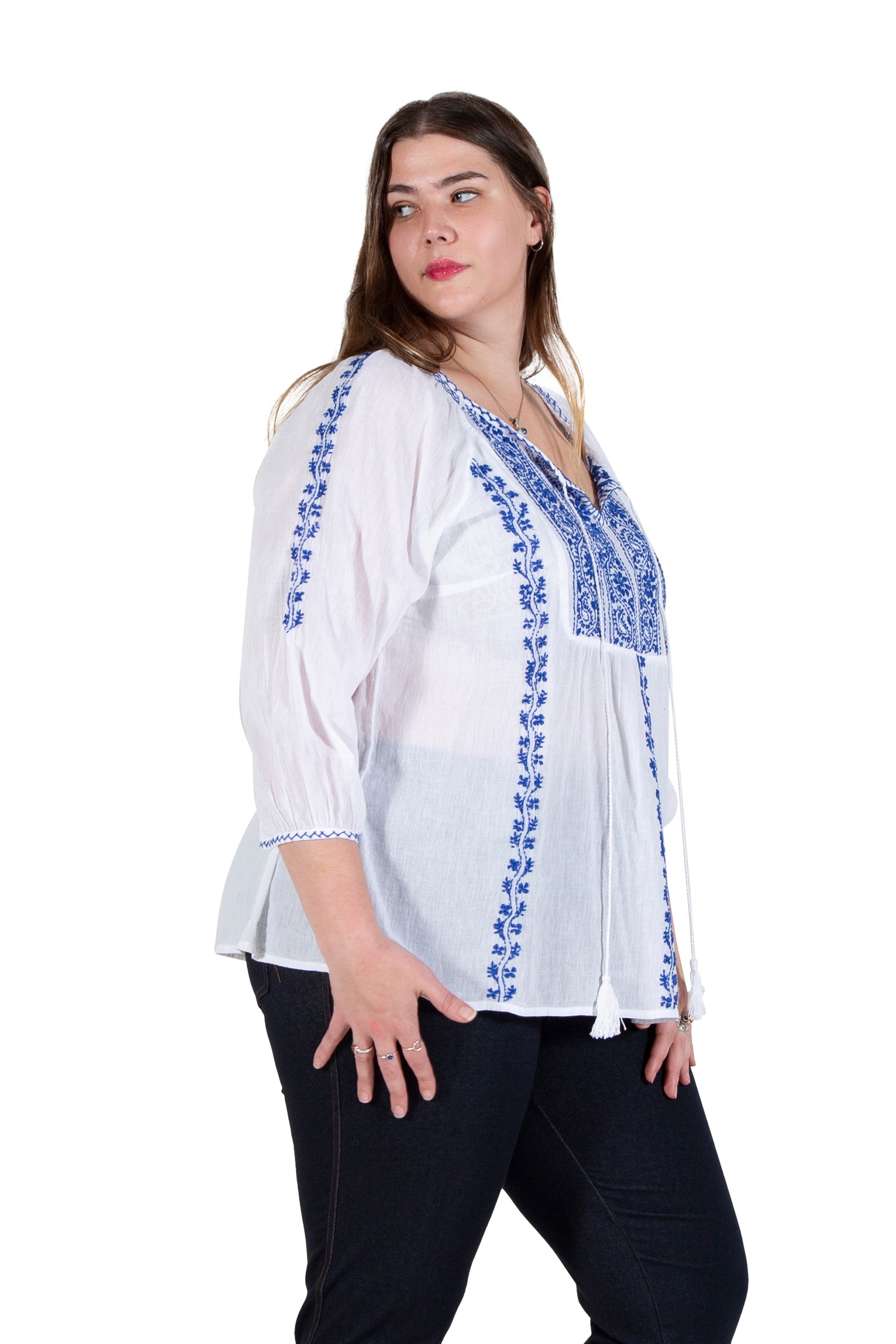 La Cera Plus Size 3/4 Sleeve Stripe Embroidered Peasant Top - La Cera