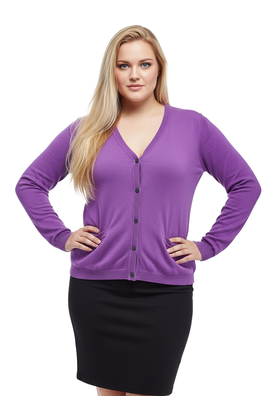 La Cera Long Sleeve Cardigan with Pockets - Plus Size - La Cera