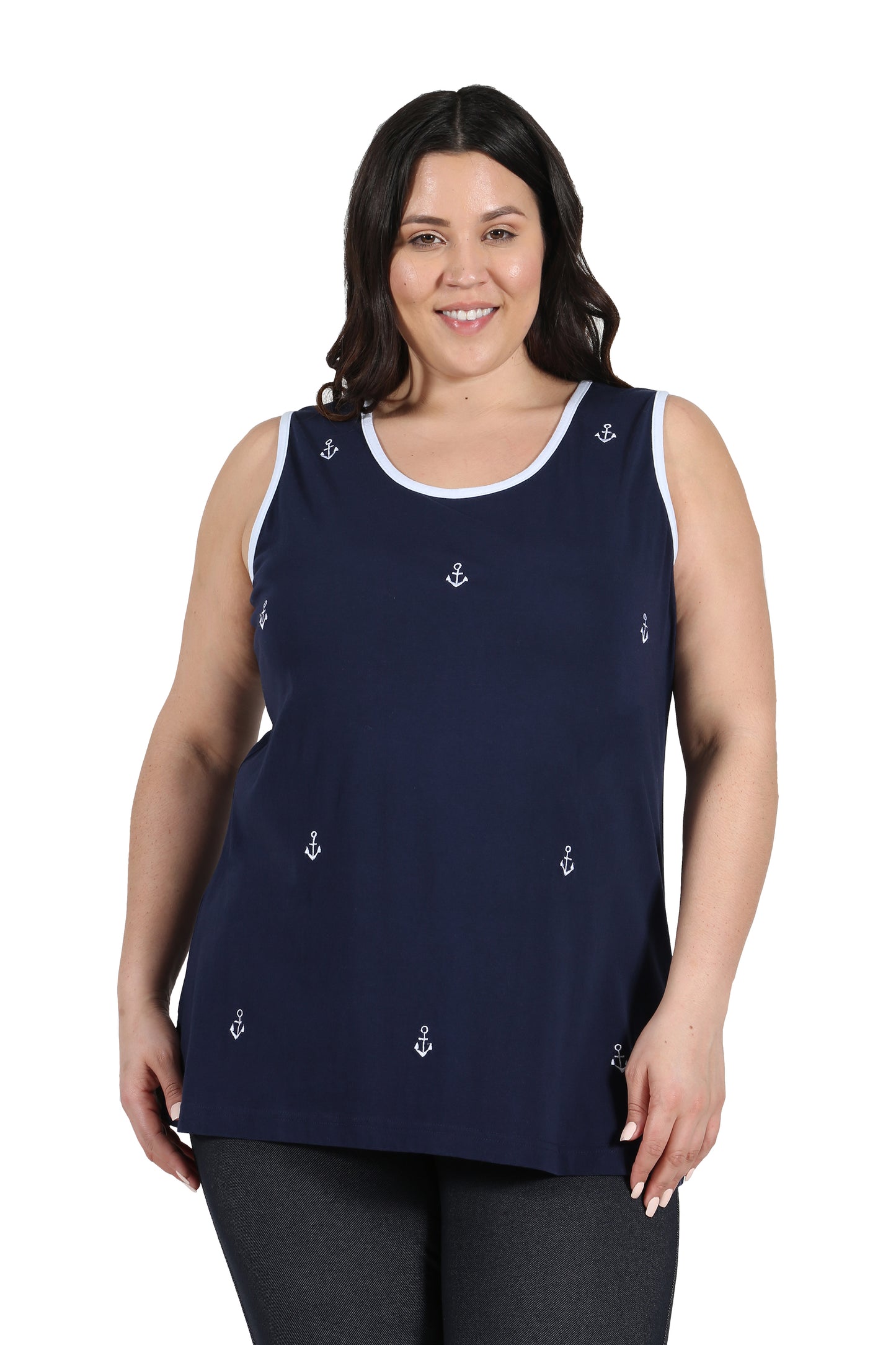 Cotton Knit Tank with Anchor Embroidery - Plus Size