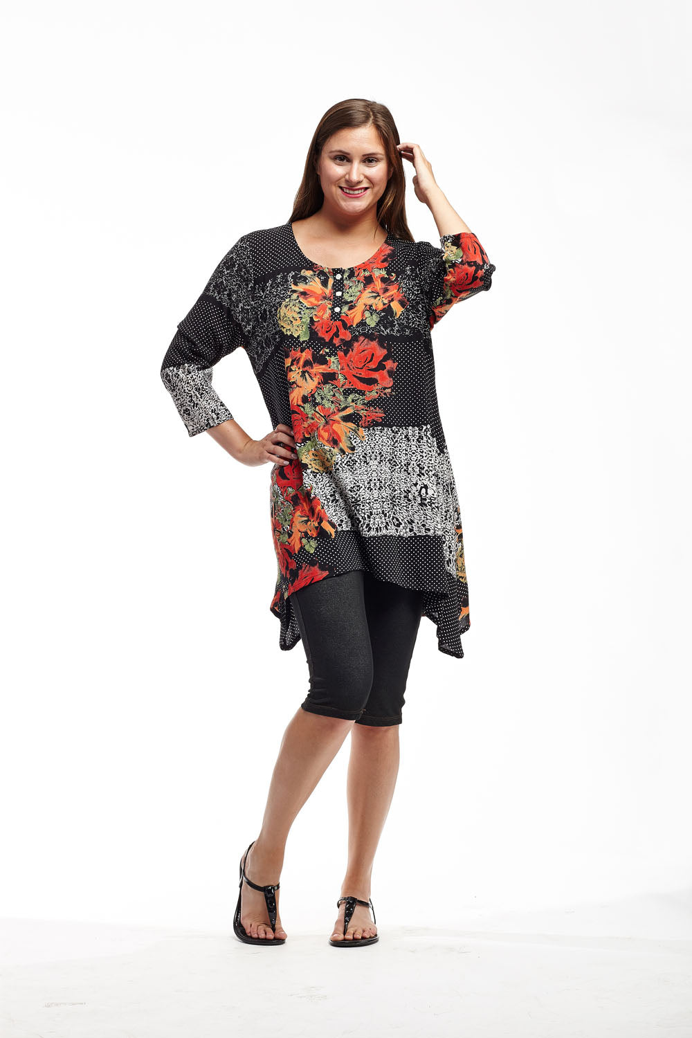 La Cera 3/4 Sleeve Asymmetric Print Rayon Top