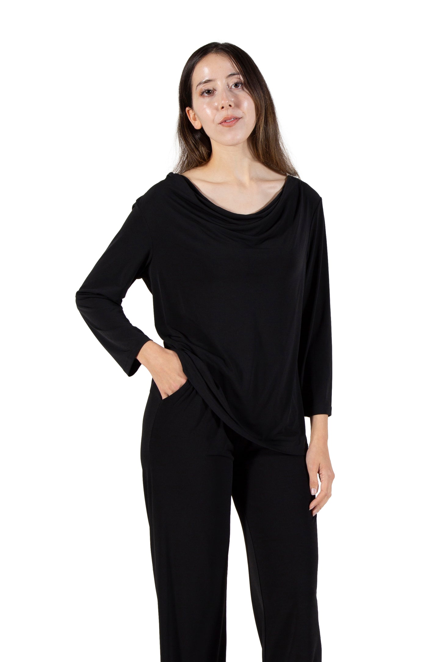 La Cera Solid Cowl Neck Top - La Cera