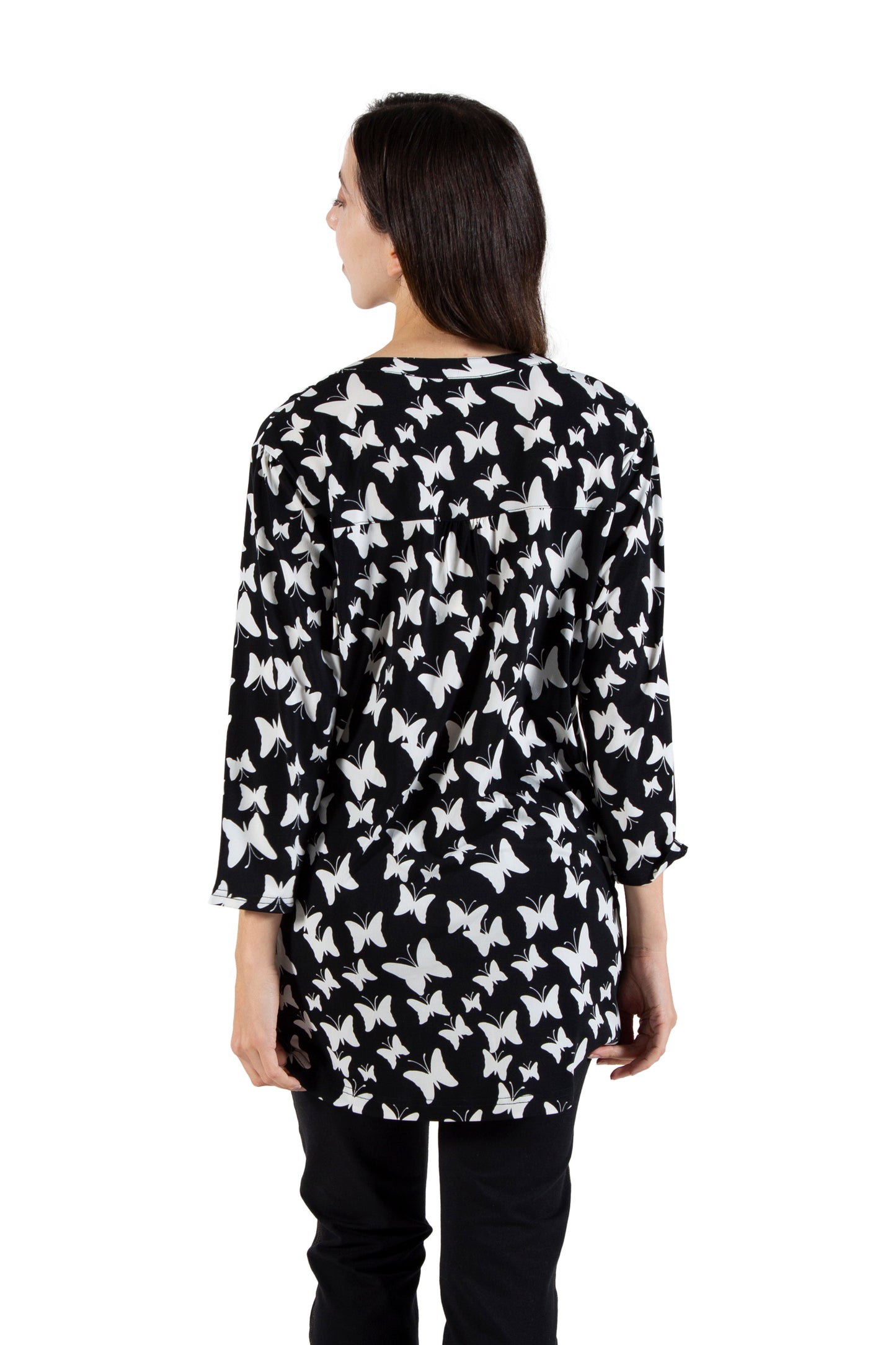 La Cera Butterfly Print Pleat Front Tunic