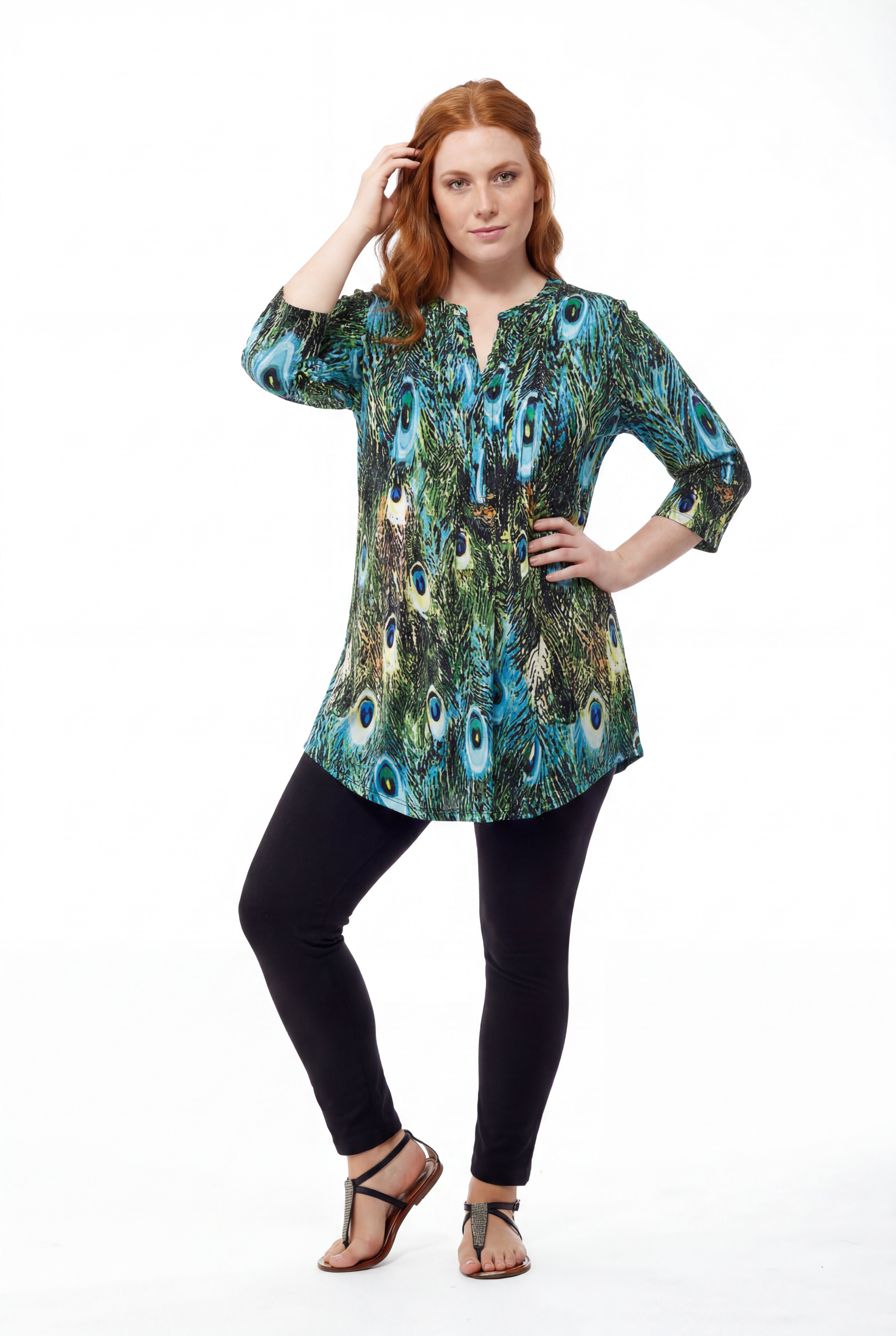 Plus Size La Cera Pleat Front Printed Tunic Peacock - La Cera