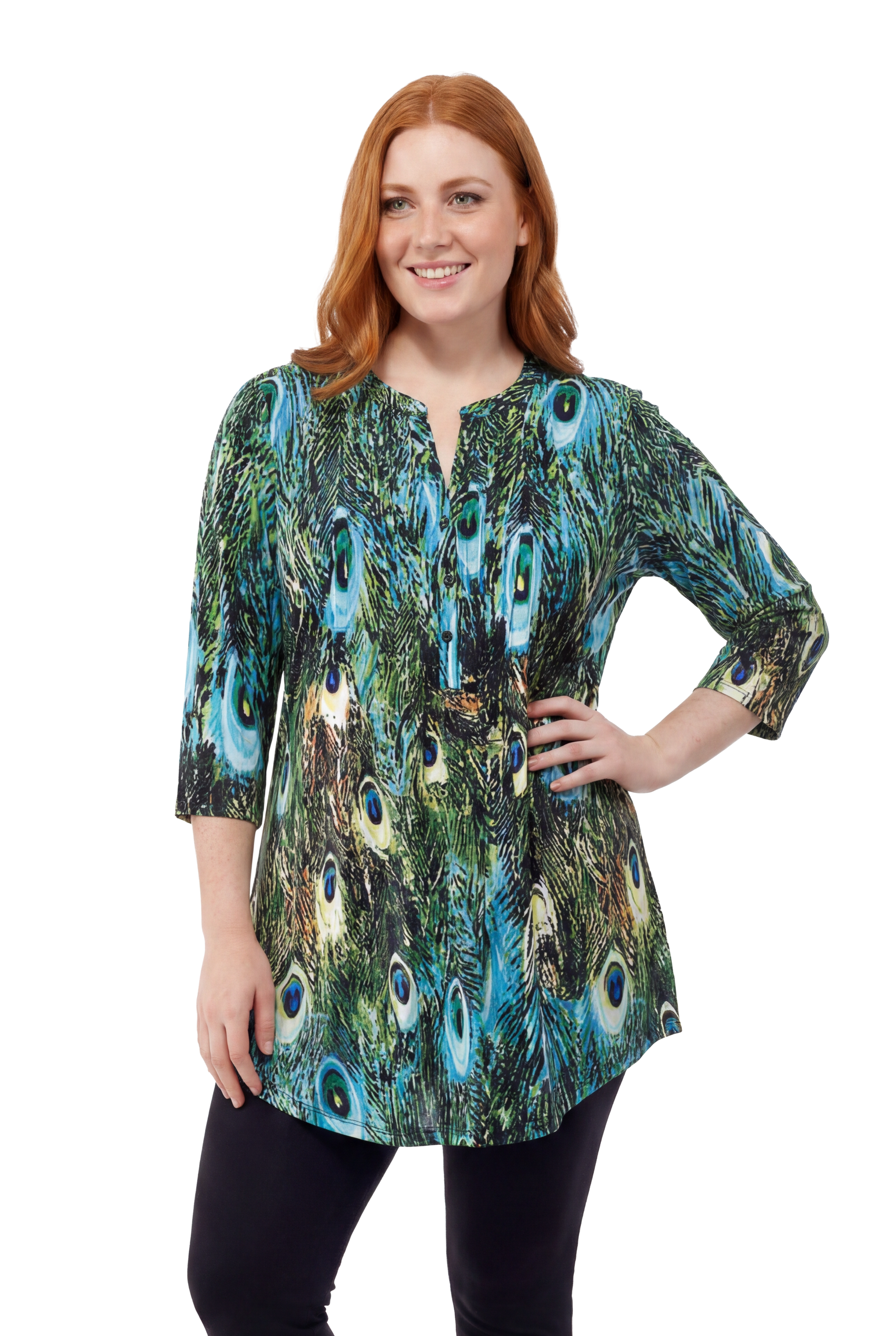 Plus Size La Cera Pleat Front Printed Tunic Peacock - La Cera