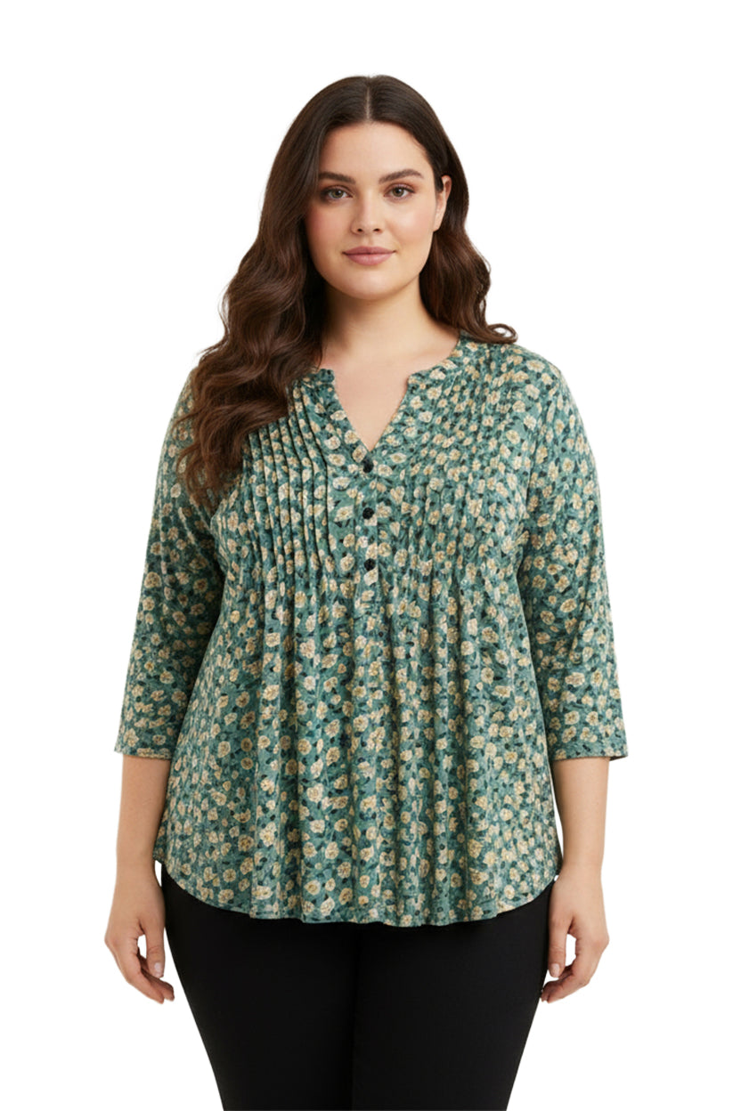 La Cera Plus Size Sage Floral Pintuck Tunic