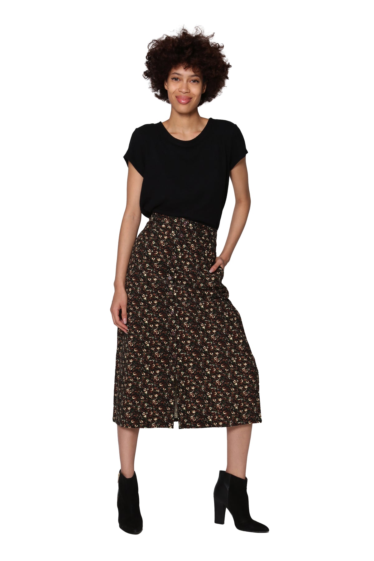 La Cera Floral Printed Cotton Corduroy Skirt