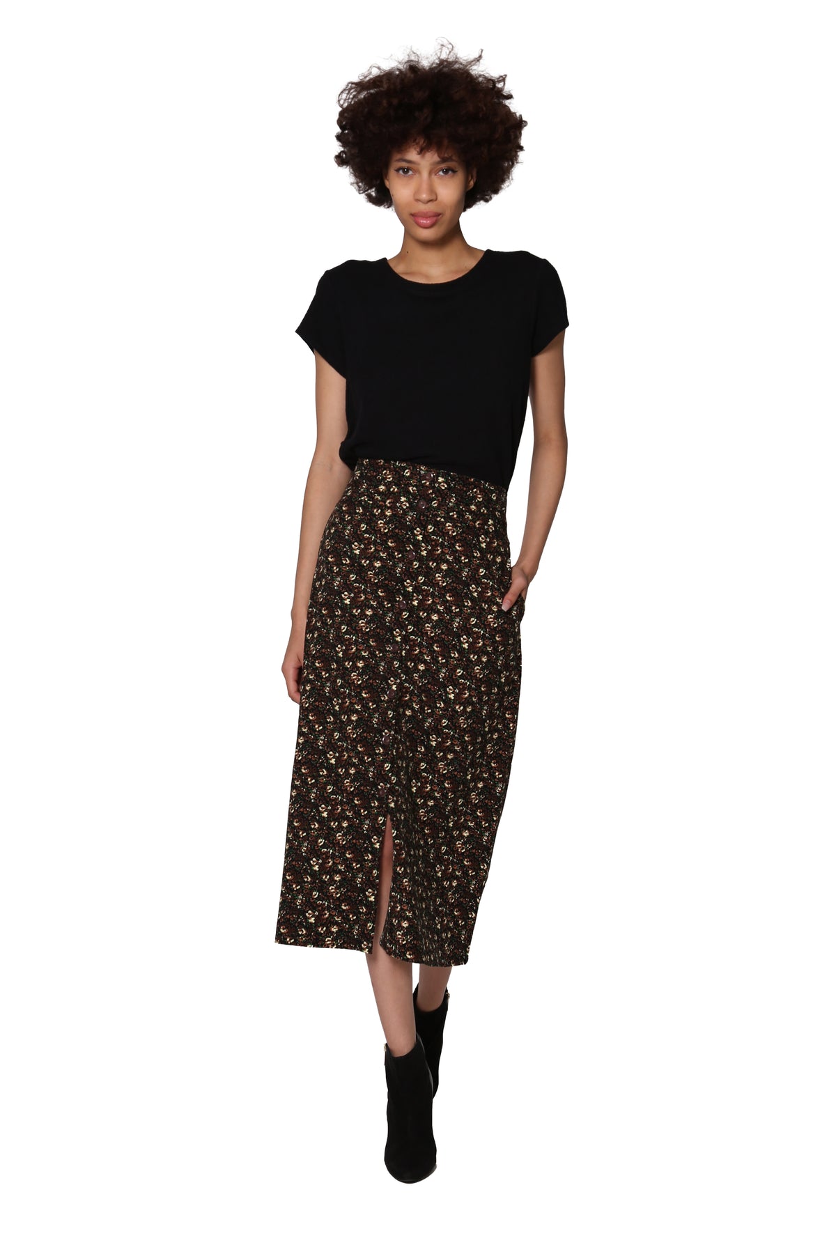 La Cera Floral Printed Cotton Corduroy Skirt