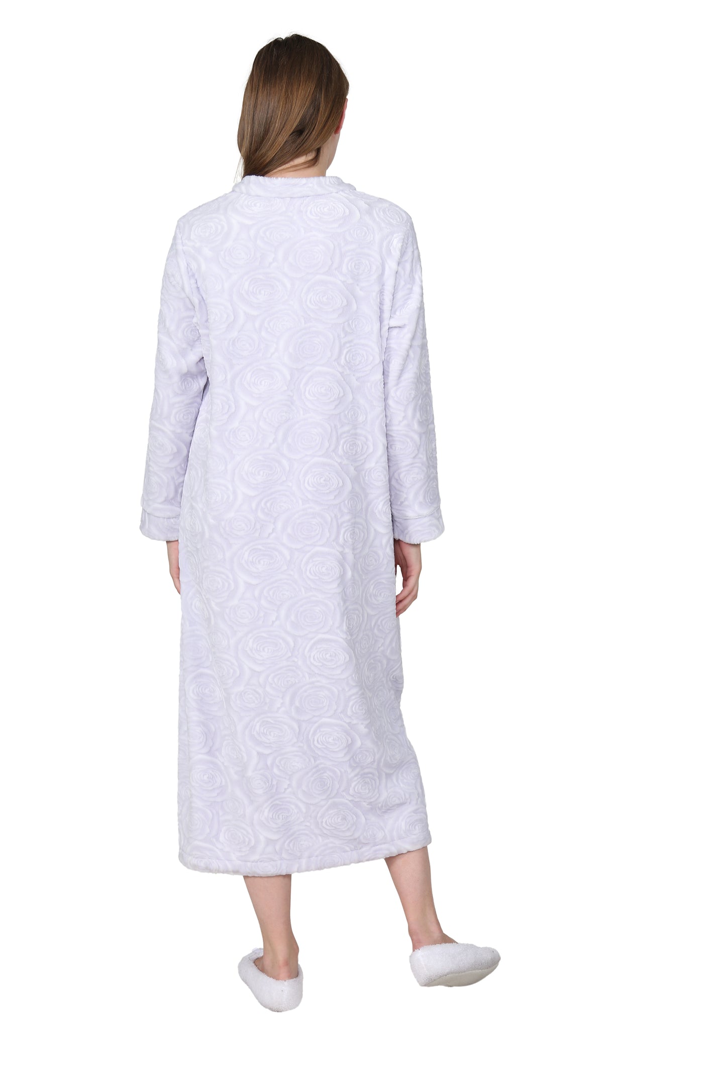 Plus Size Rose Print Minky Zip Front Fleece Robe - La Cera