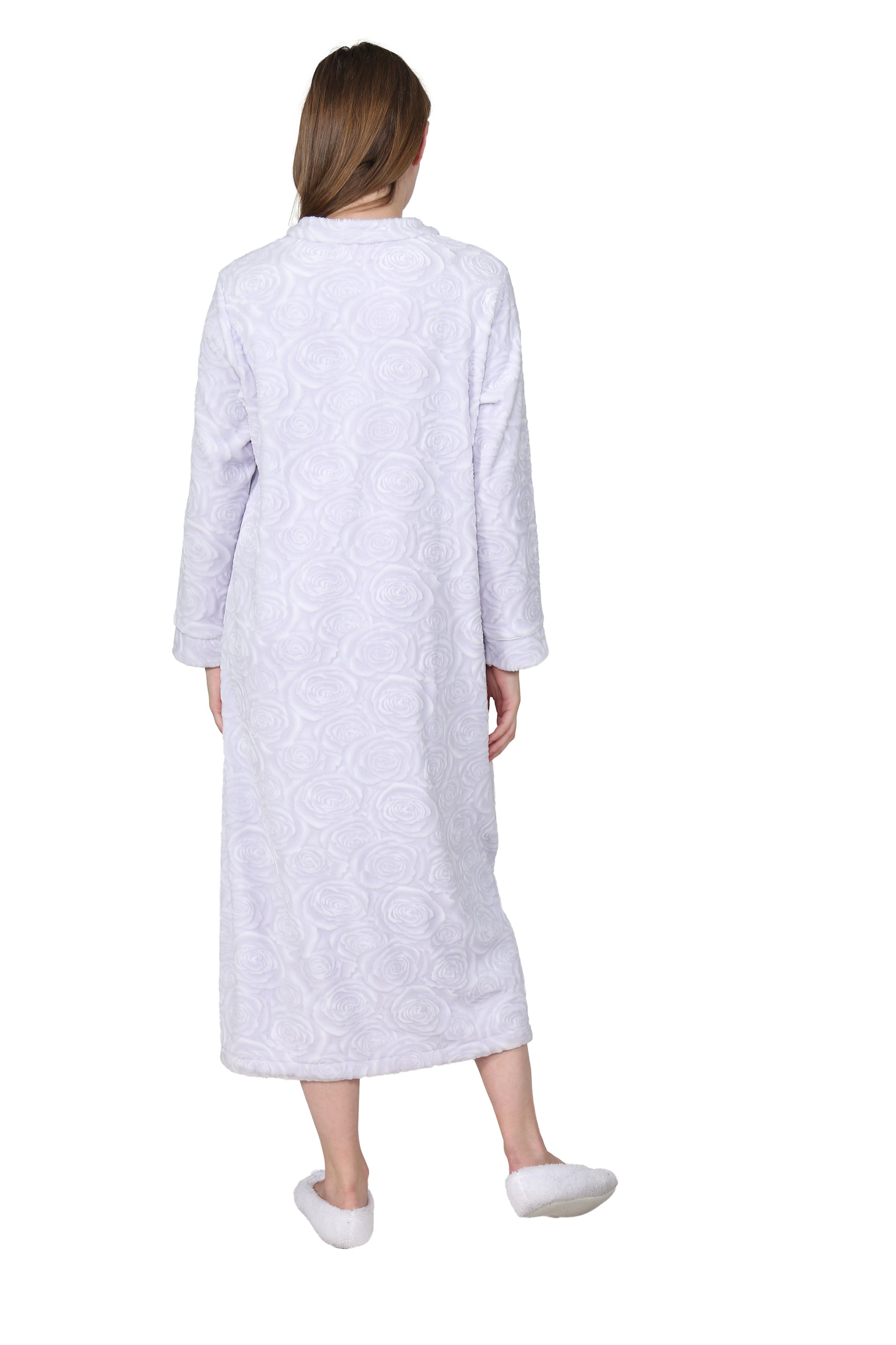 Plus Size Rose Print Minky Zip Front Fleece Robe - La Cera