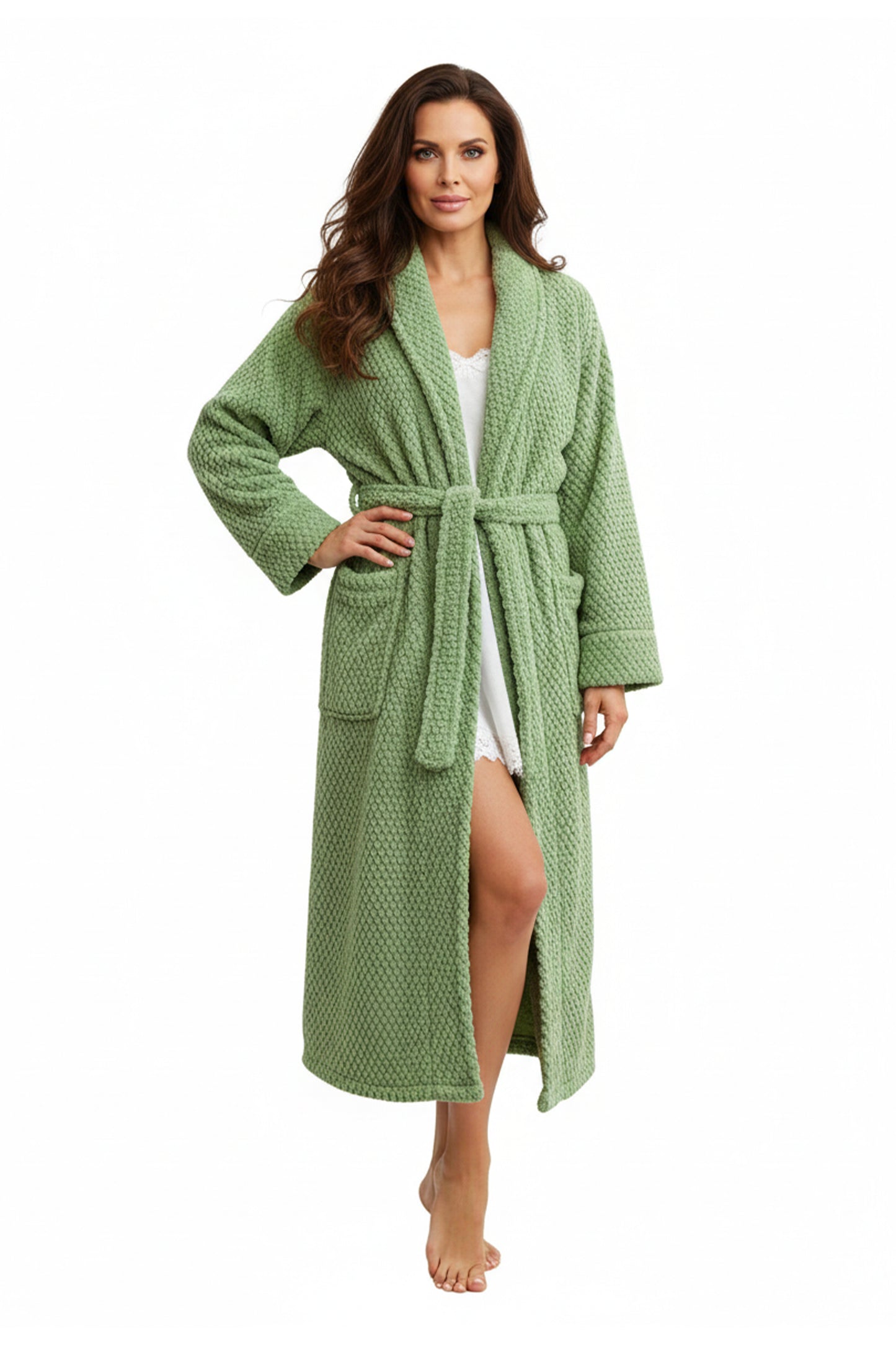 La Cera Honeycomb Textured Fleece Wrap Robe - La Cera