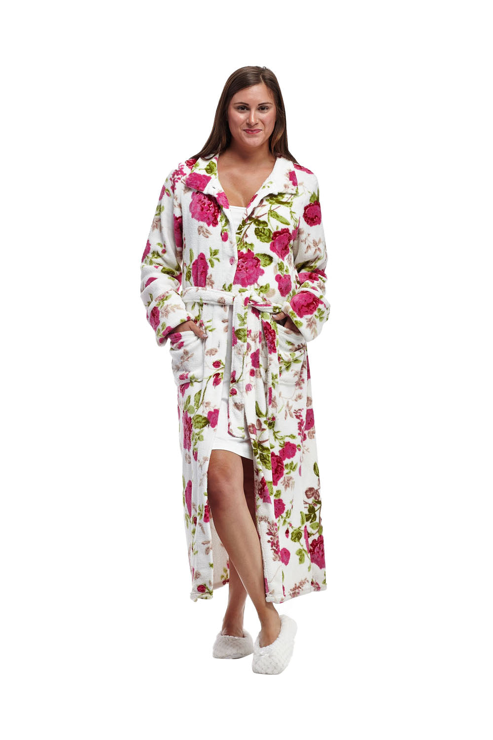 La Cera Floral Fleece Bathrobe with Belt - La Cera