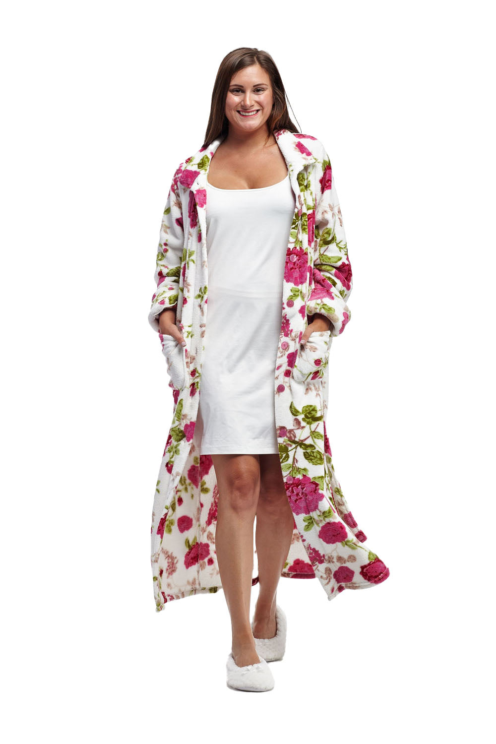 La Cera Floral Fleece Bathrobe with Belt - La Cera