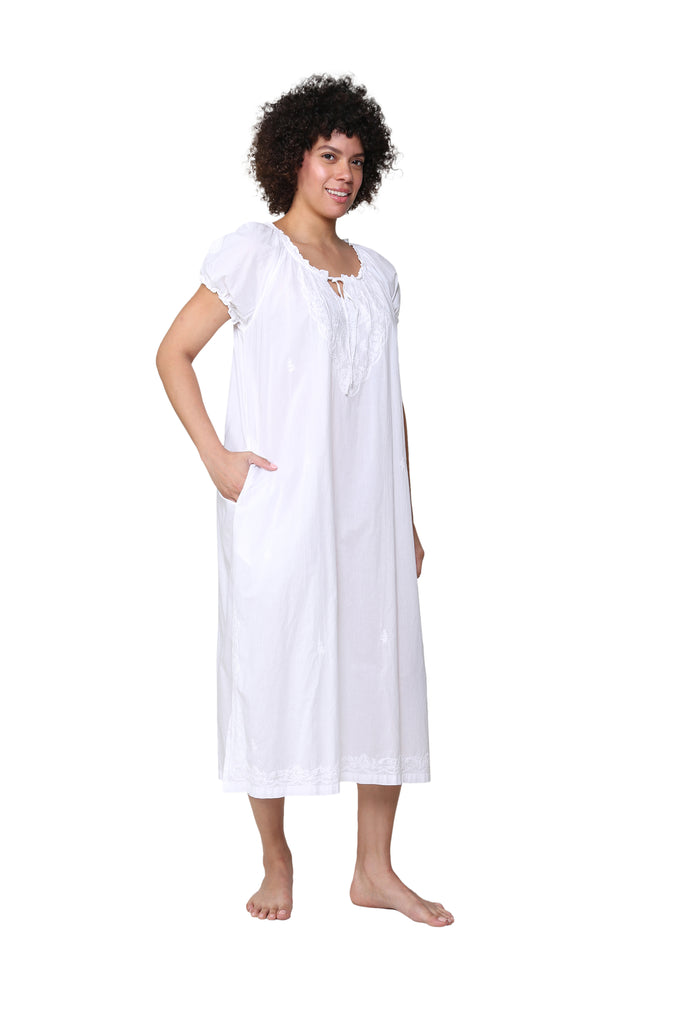 La Cera Embroidered Gathered Short Sleeve Gown - La Cera