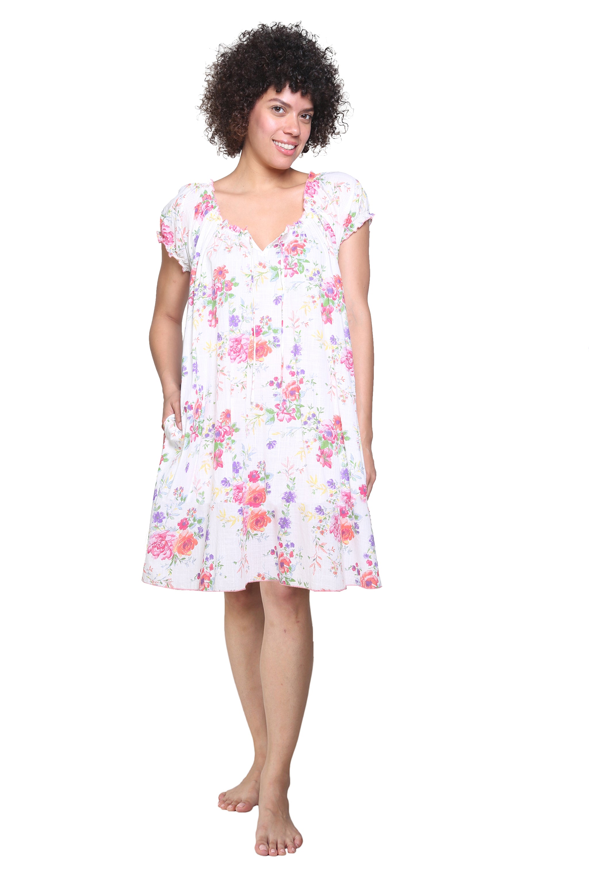 Drawstring Neckline Cotton Print Chemise - La Cera