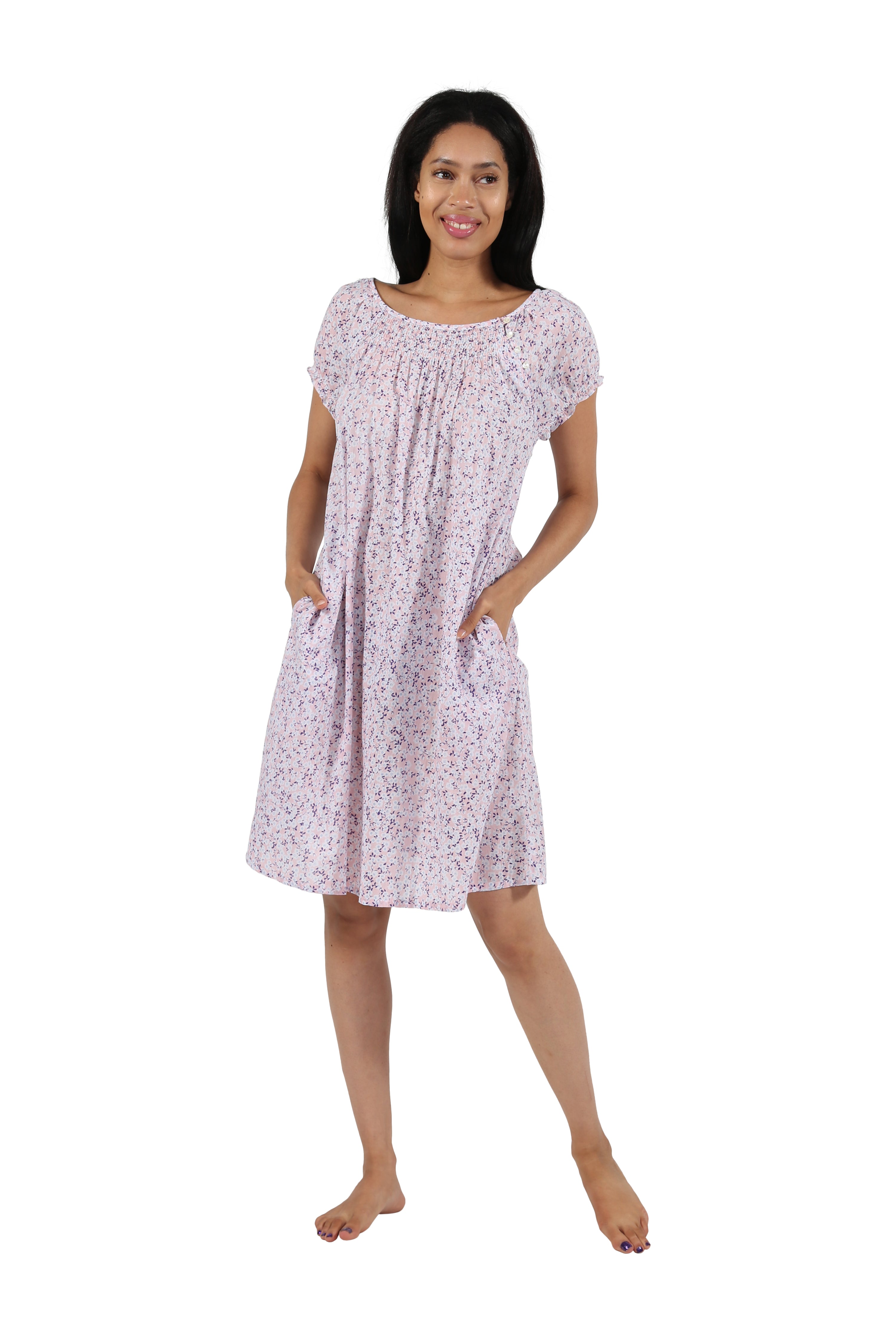 100% Cotton Smocked Floral Print Chemise - La Cera