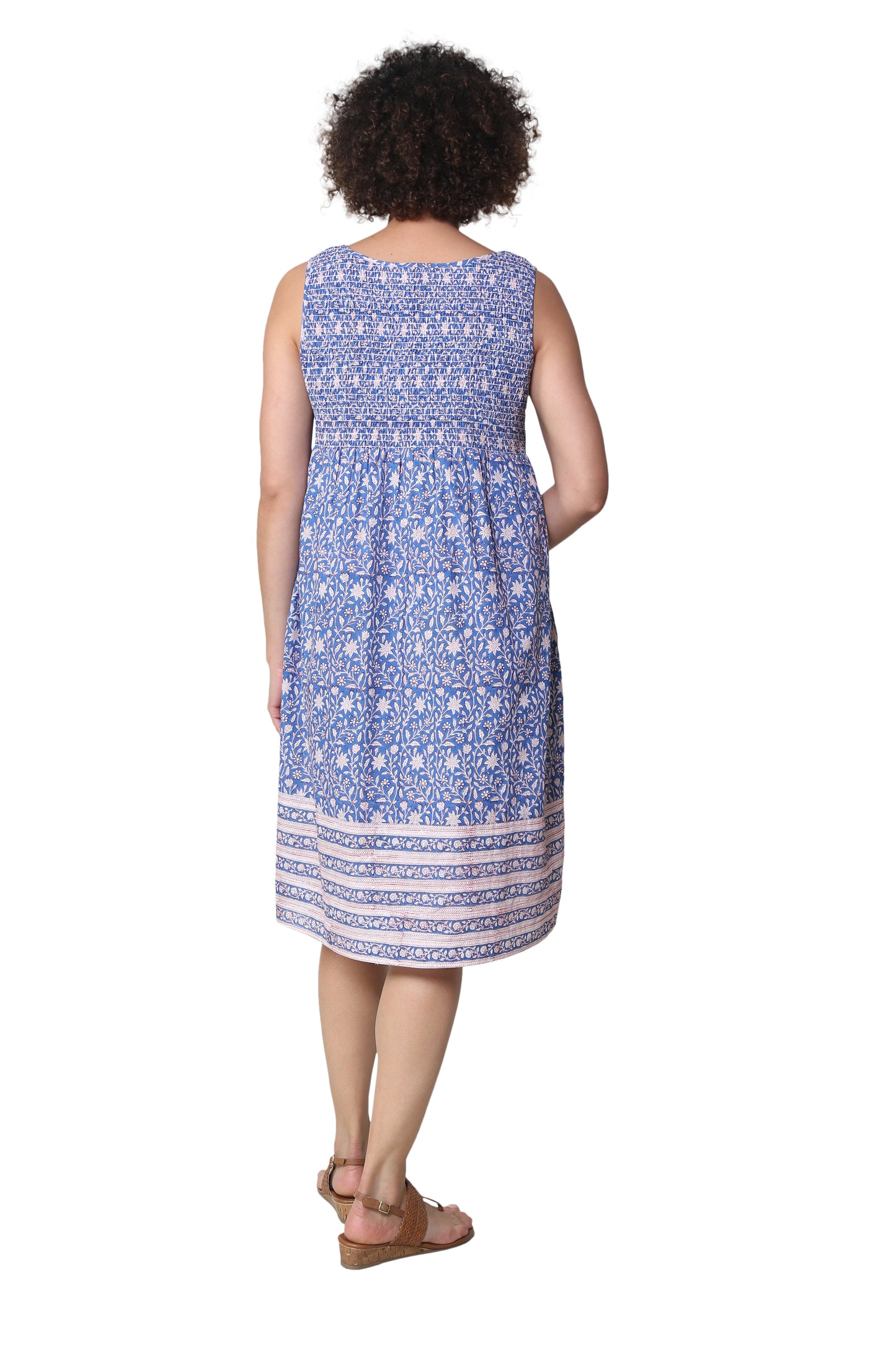 La Cera 100% Cotton Elegant Blue Floral Sleeveless Dress - La Cera