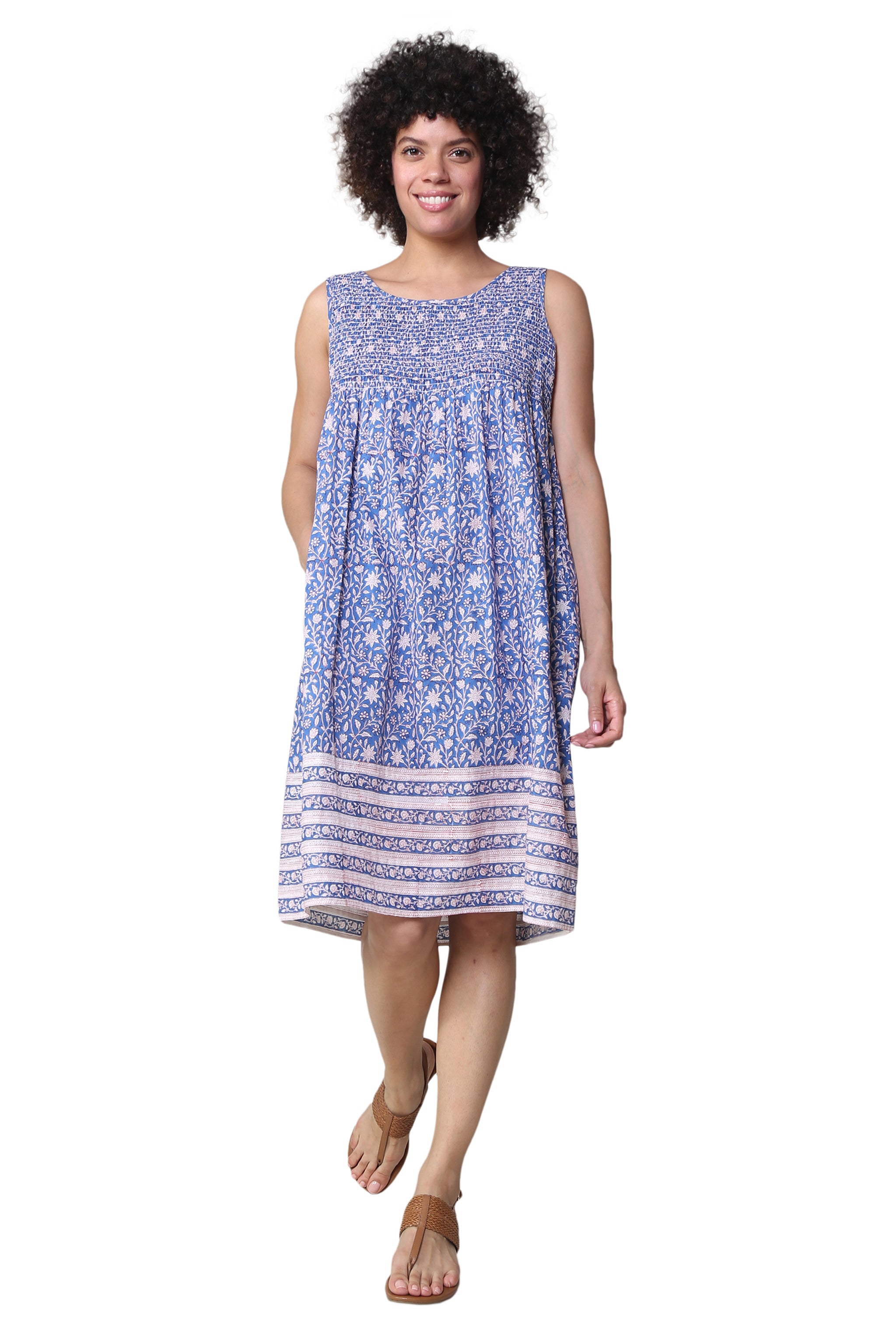La Cera 100% Cotton Elegant Blue Floral Sleeveless Dress, S