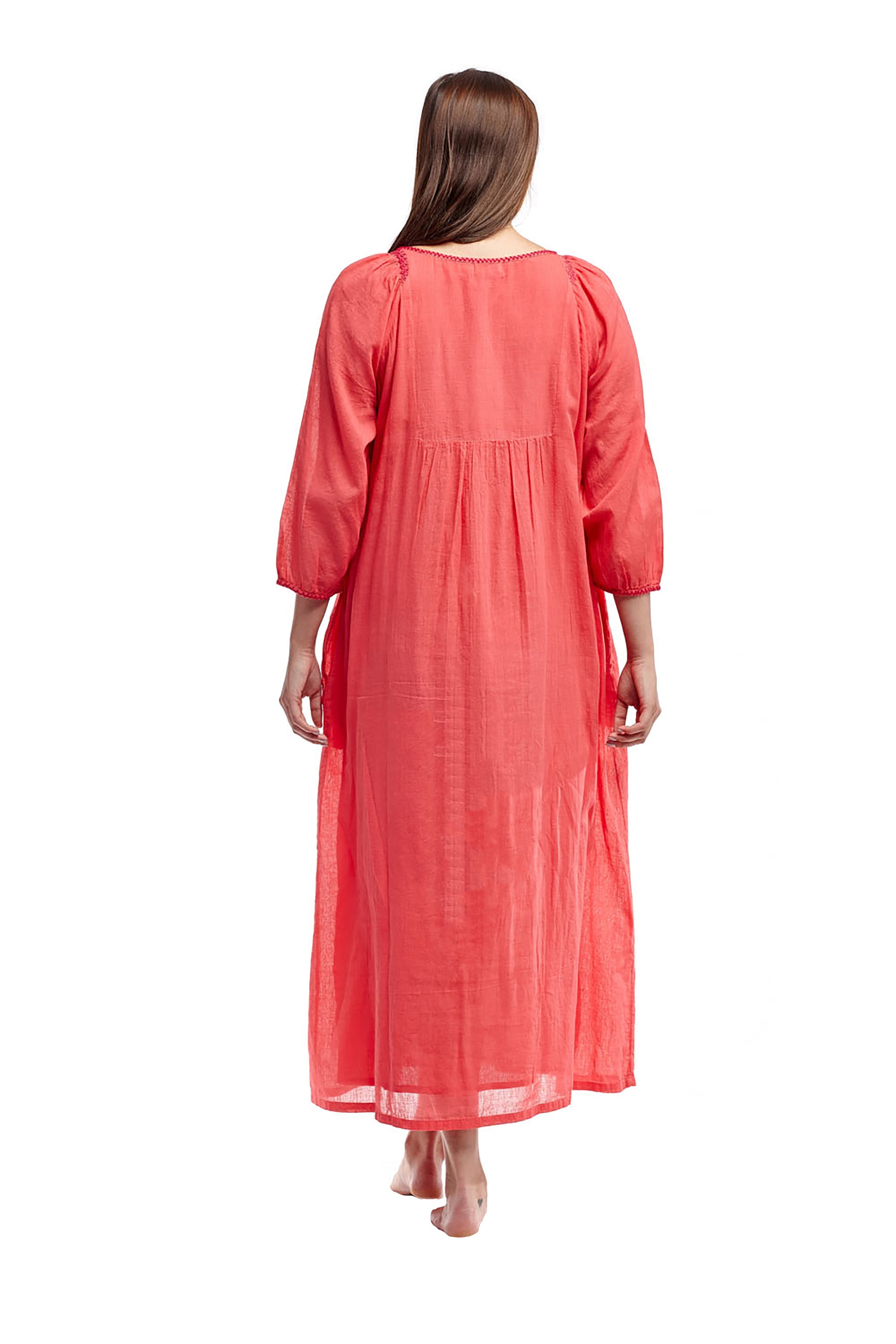 L Cera Embroidered-Yoke Cotton Caftan, Coral, Women's, L