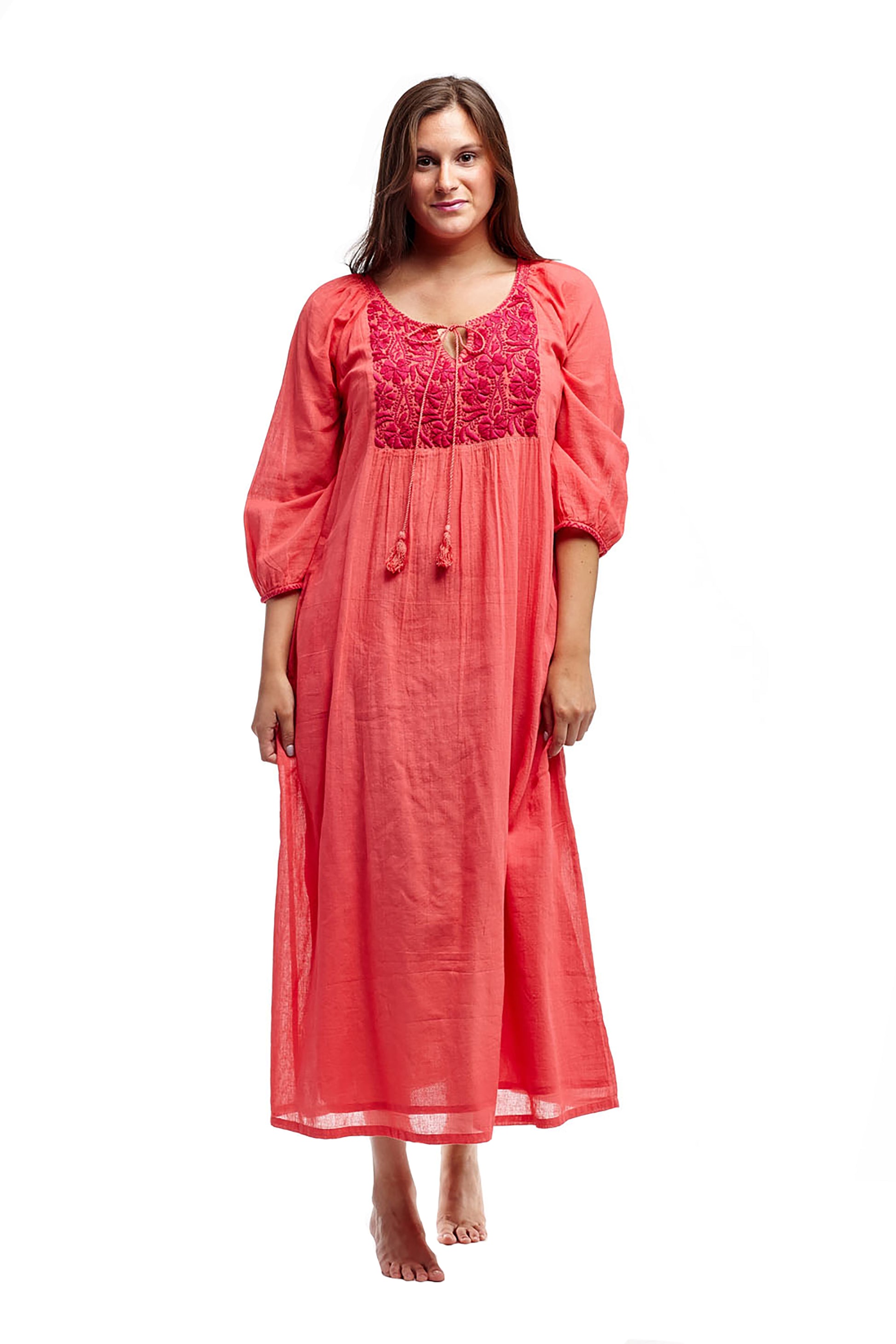 100% Cotton Embroidered Gown With Lining - La Cera