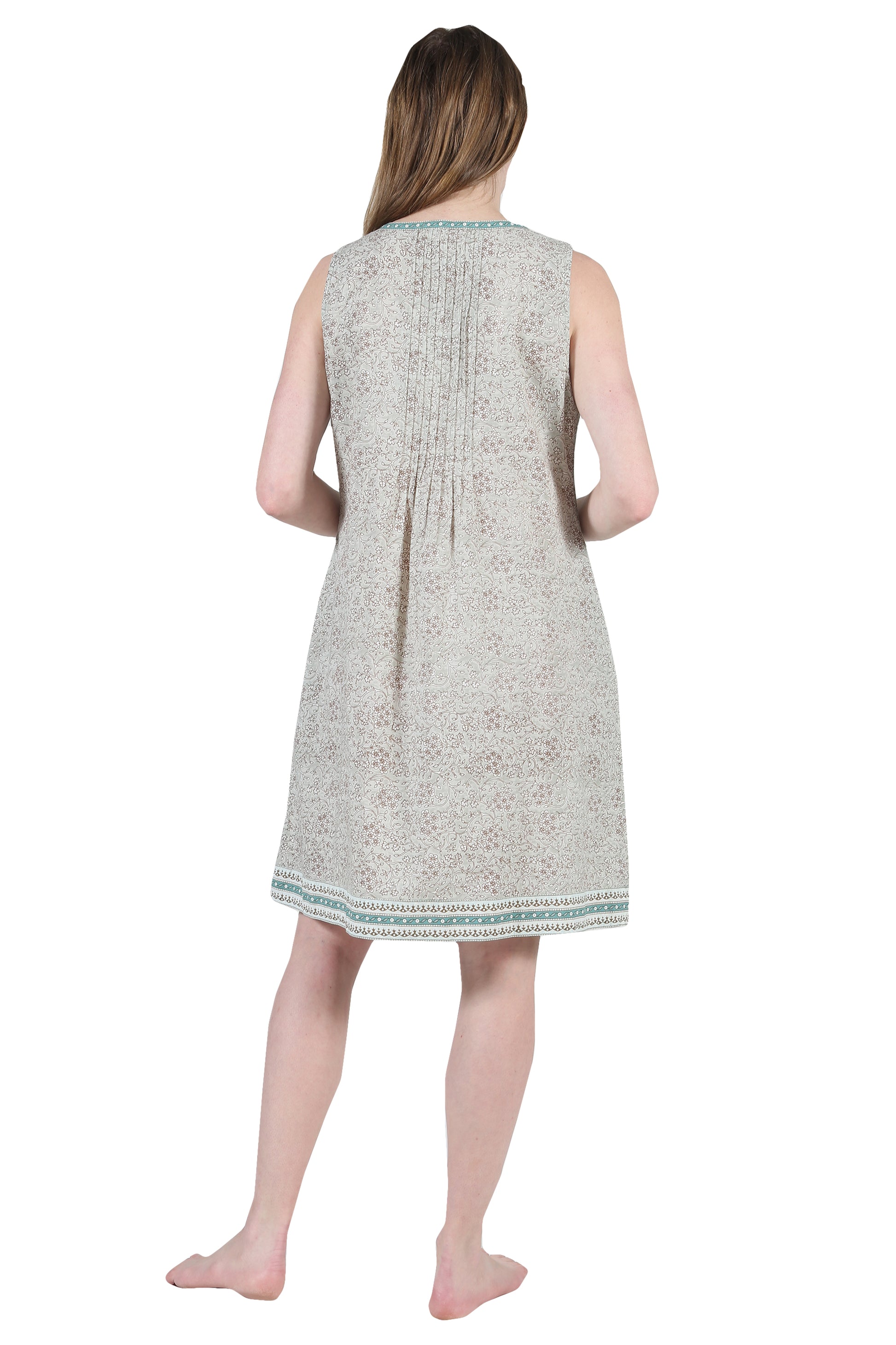 La Cera Sleeveless 100% Cotton Print Celedon Chemise - La Cera