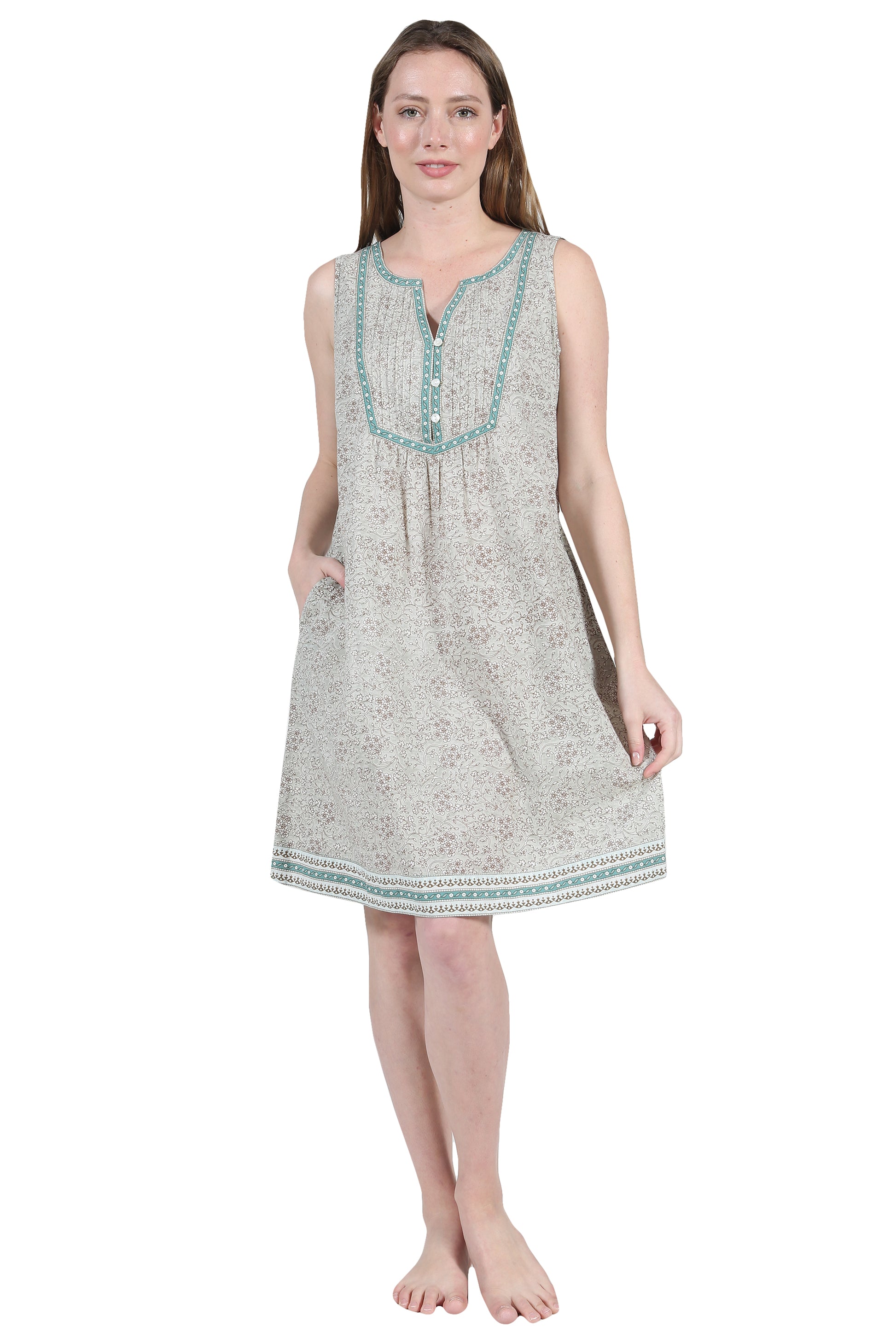 La Cera Sleeveless 100% Cotton Print Celedon Chemise - La Cera