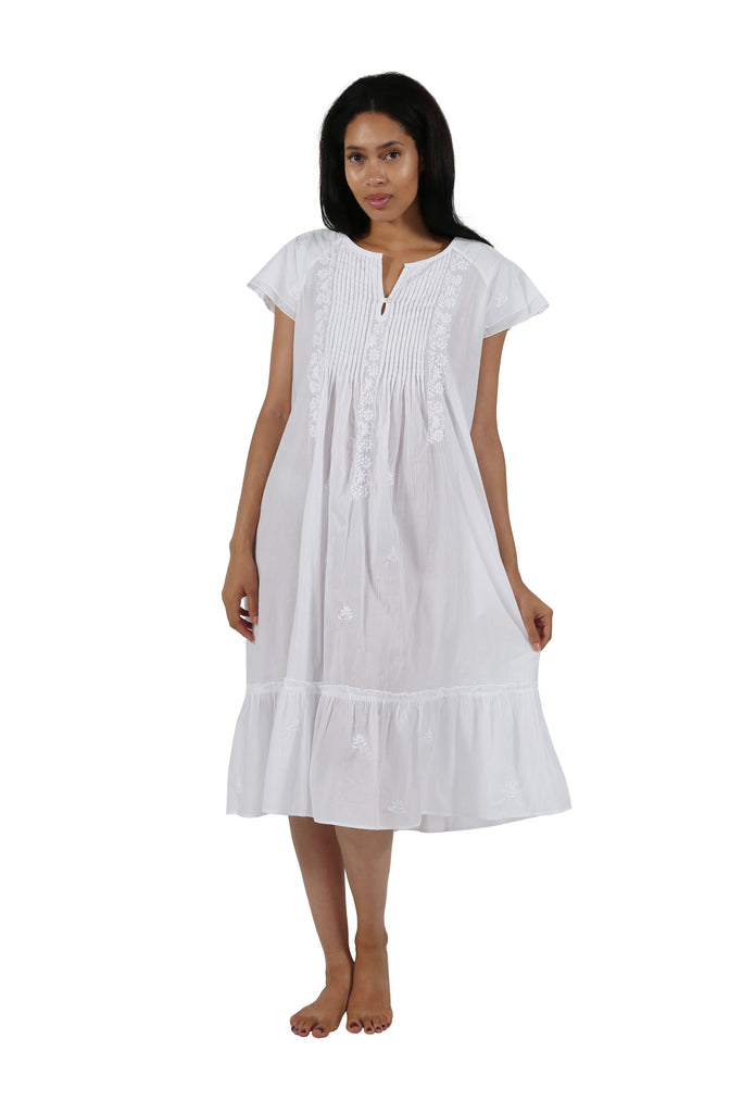 La Cera Double Cap Short Sleeve Cotton Embroidered Gown - La Cera