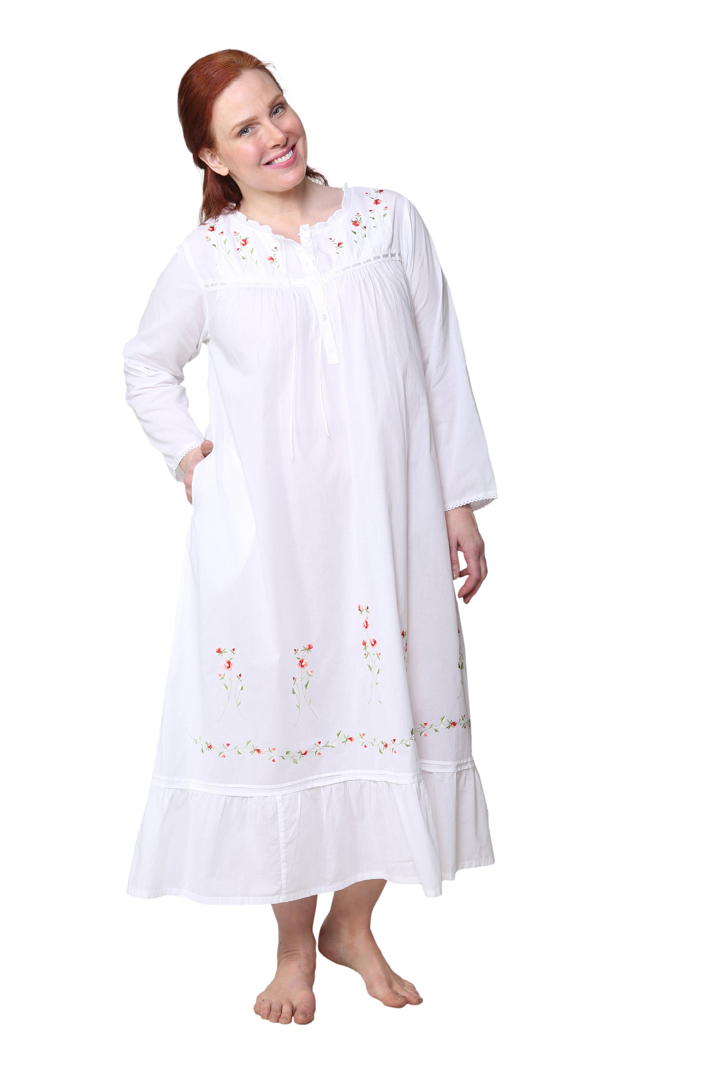 Plus Size 100% Cotton Embroidered Long Sleeve Gown - La Cera