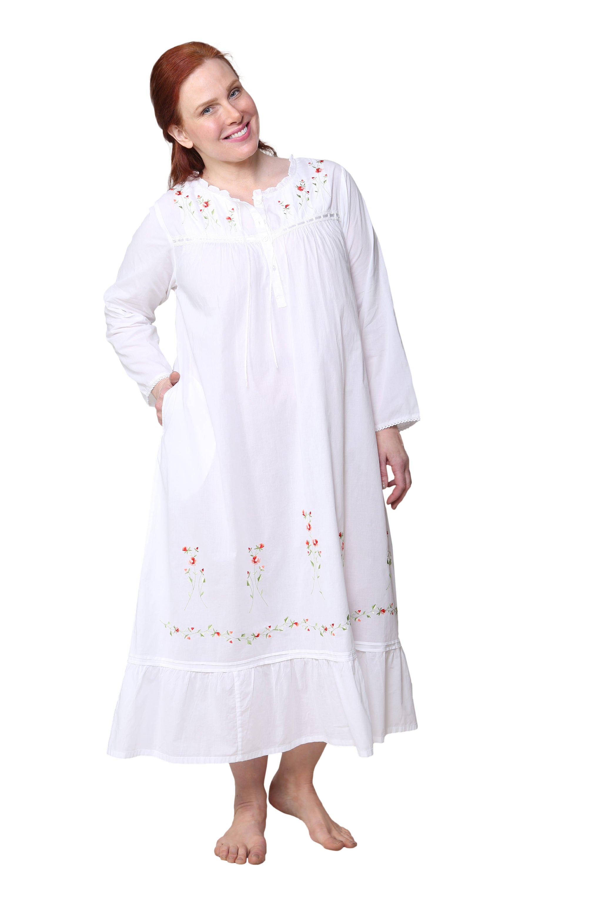 Plus Size 100% Cotton Embroidered Long Sleeve Gown - La Cera