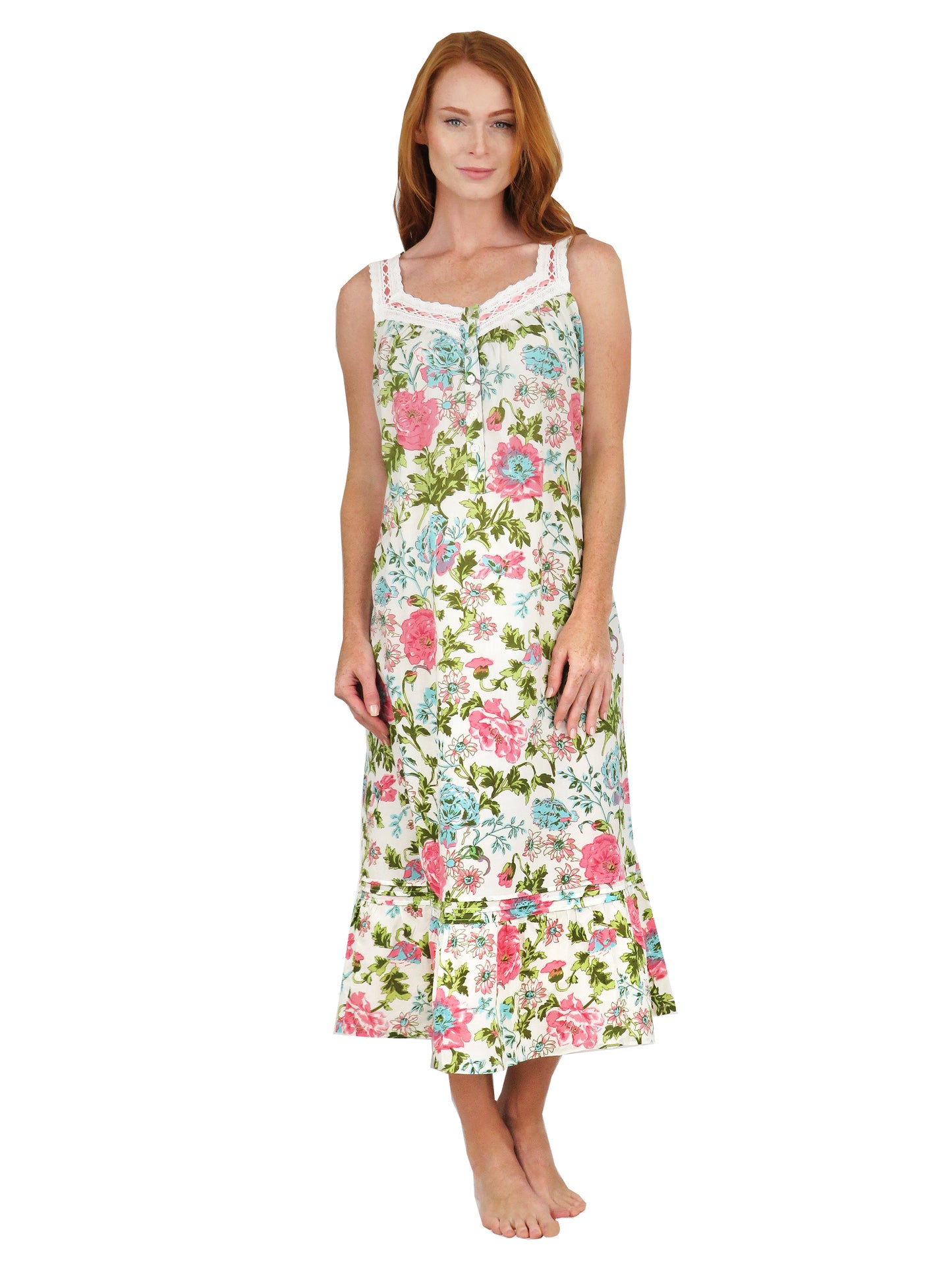 Lace trimmed 100% Cotton English Garden Print Gown - La Cera