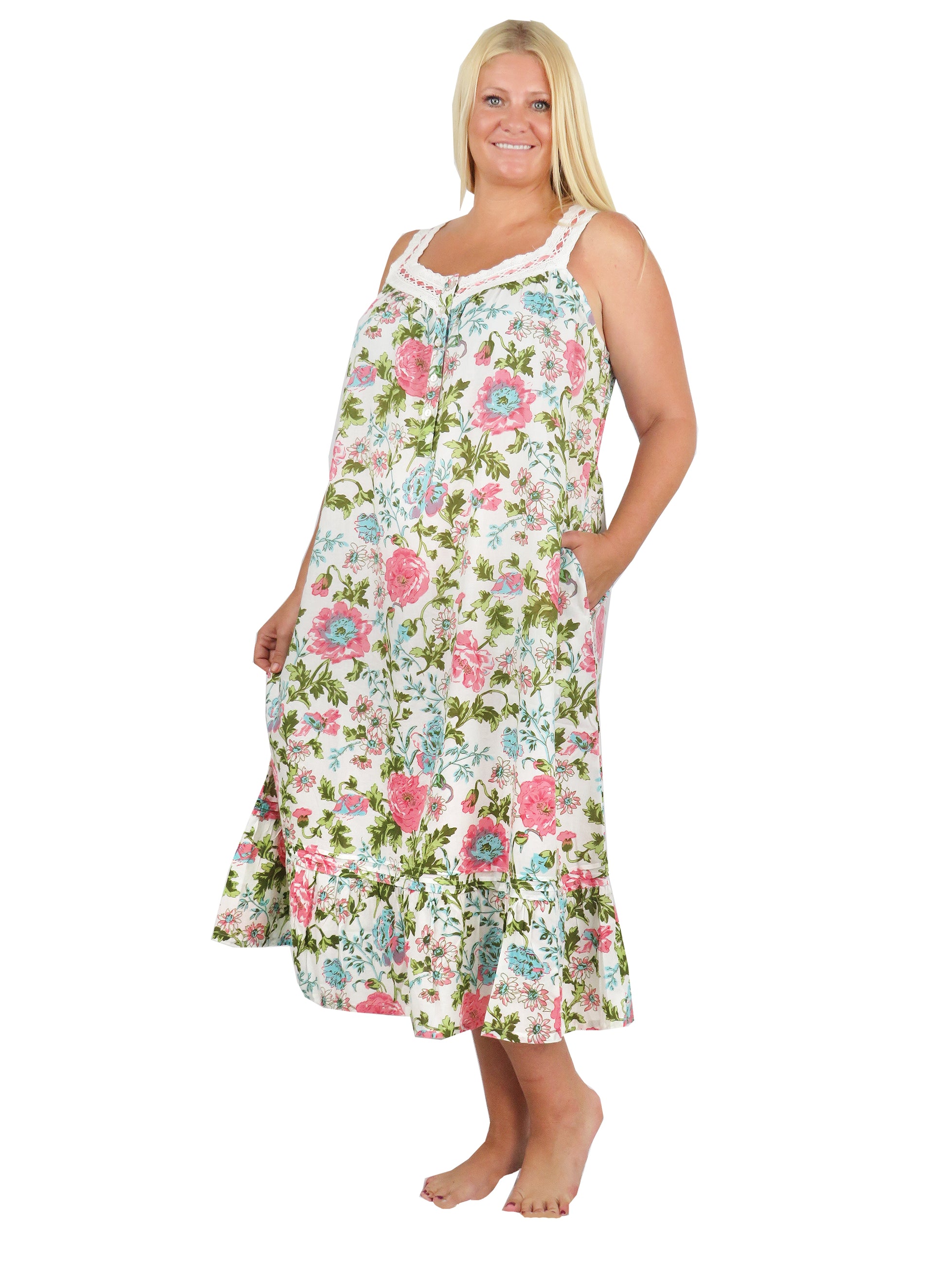 La Cera | Women Pink Floral English Garden Print Sleevevess Gown w/Lace Trimmed | Plus Size: 3X