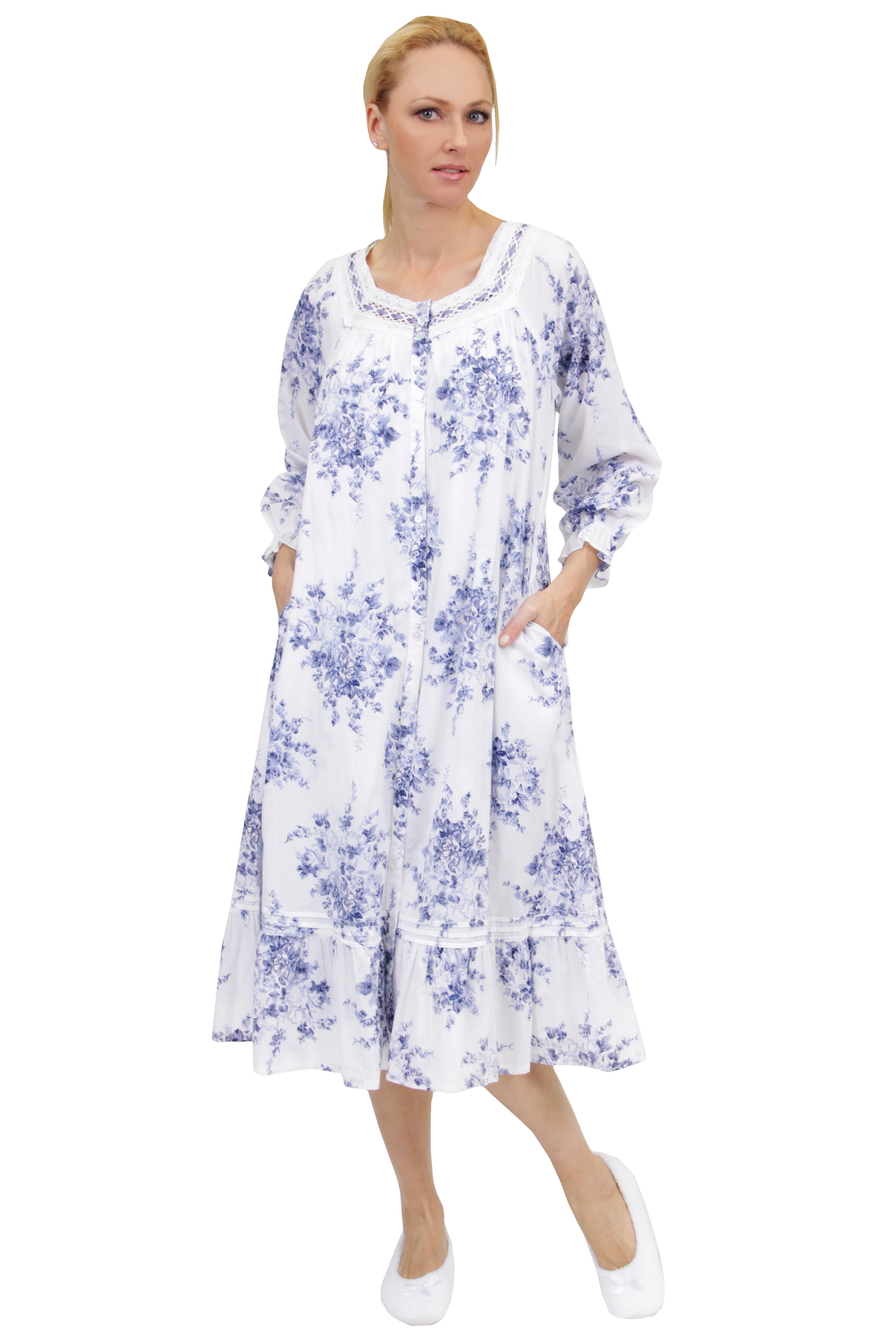 100% Cotton Lace Trim Flounce Robe Gown- Blue and White Floral Print - La Cera
