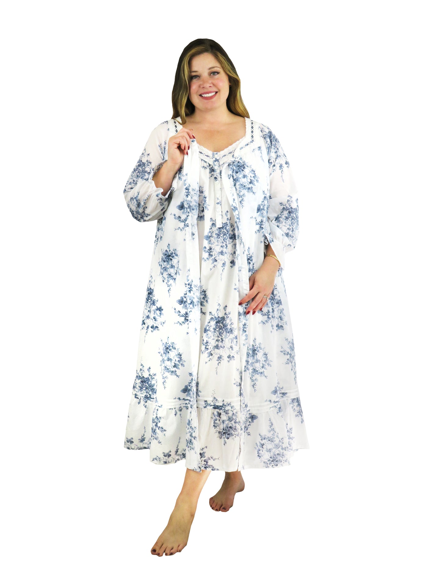 Plus Size 100% Cotton Lace Trim Flounce Robe Gown- Blue and White Floral Print - La Cera