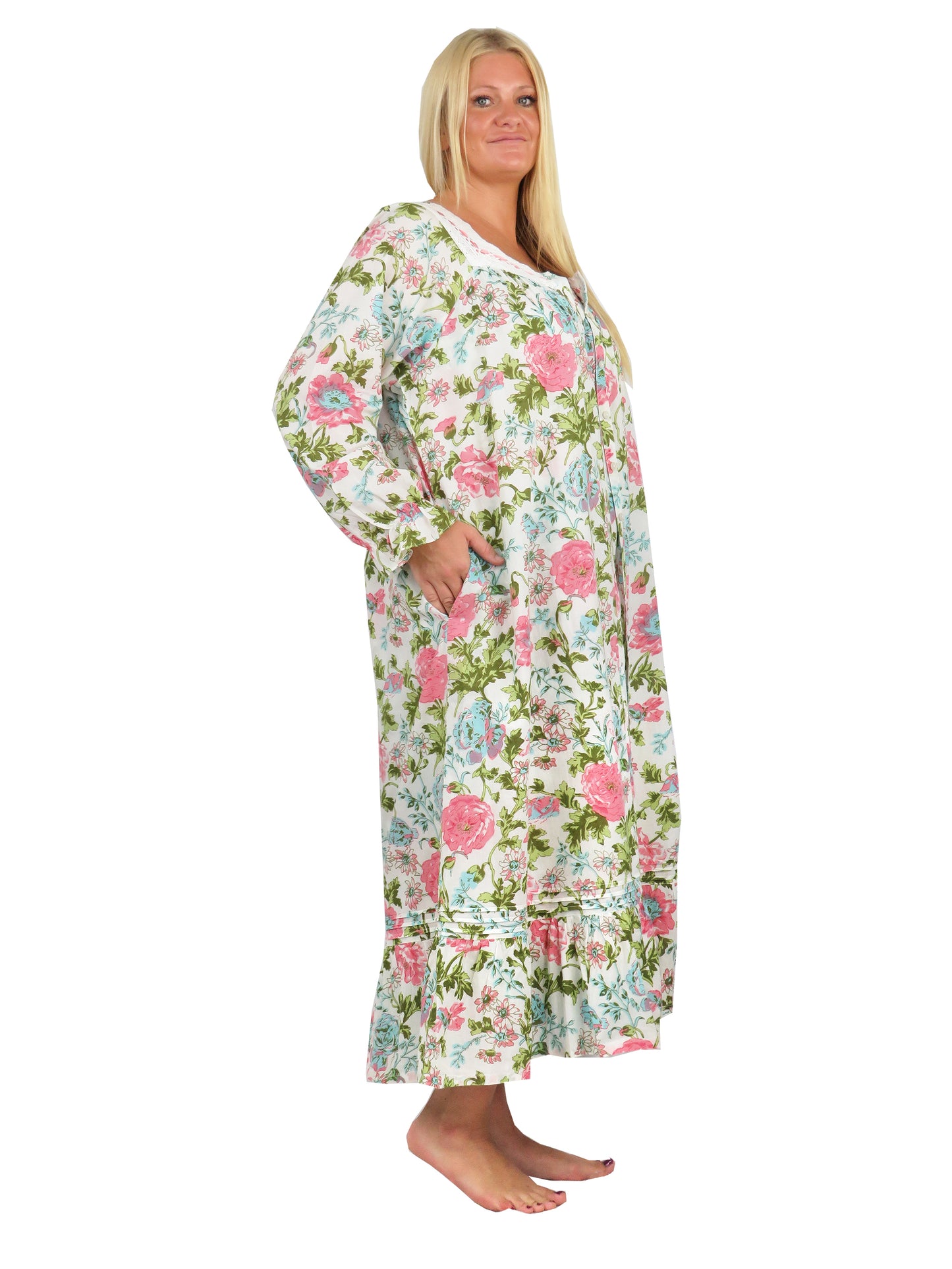 Plus Size Lace Trimmed English Garden Print Button Front Robe Gown