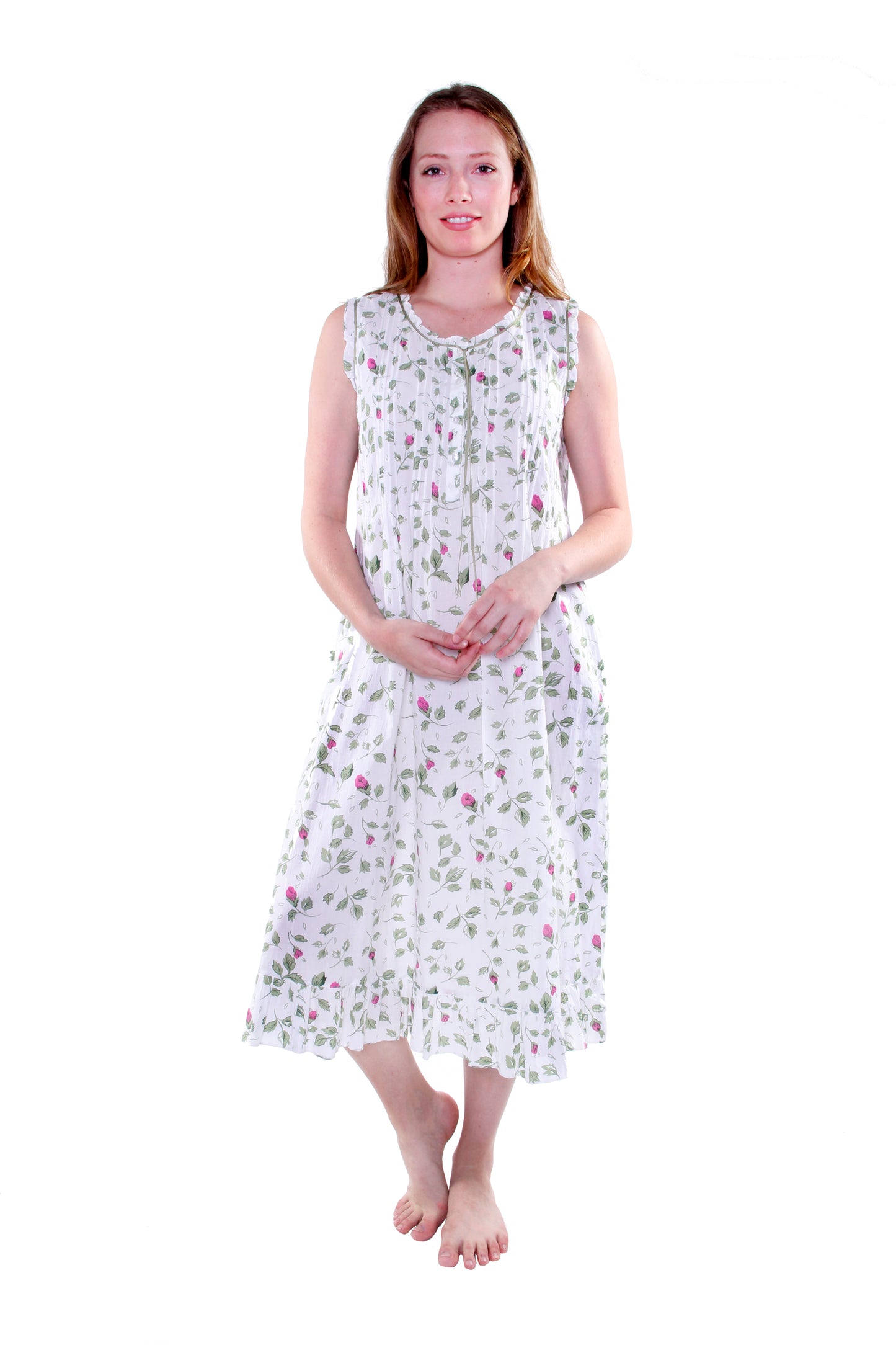 La Cera Sleeveless Rose Vine 100% Cotton Gown - La Cera