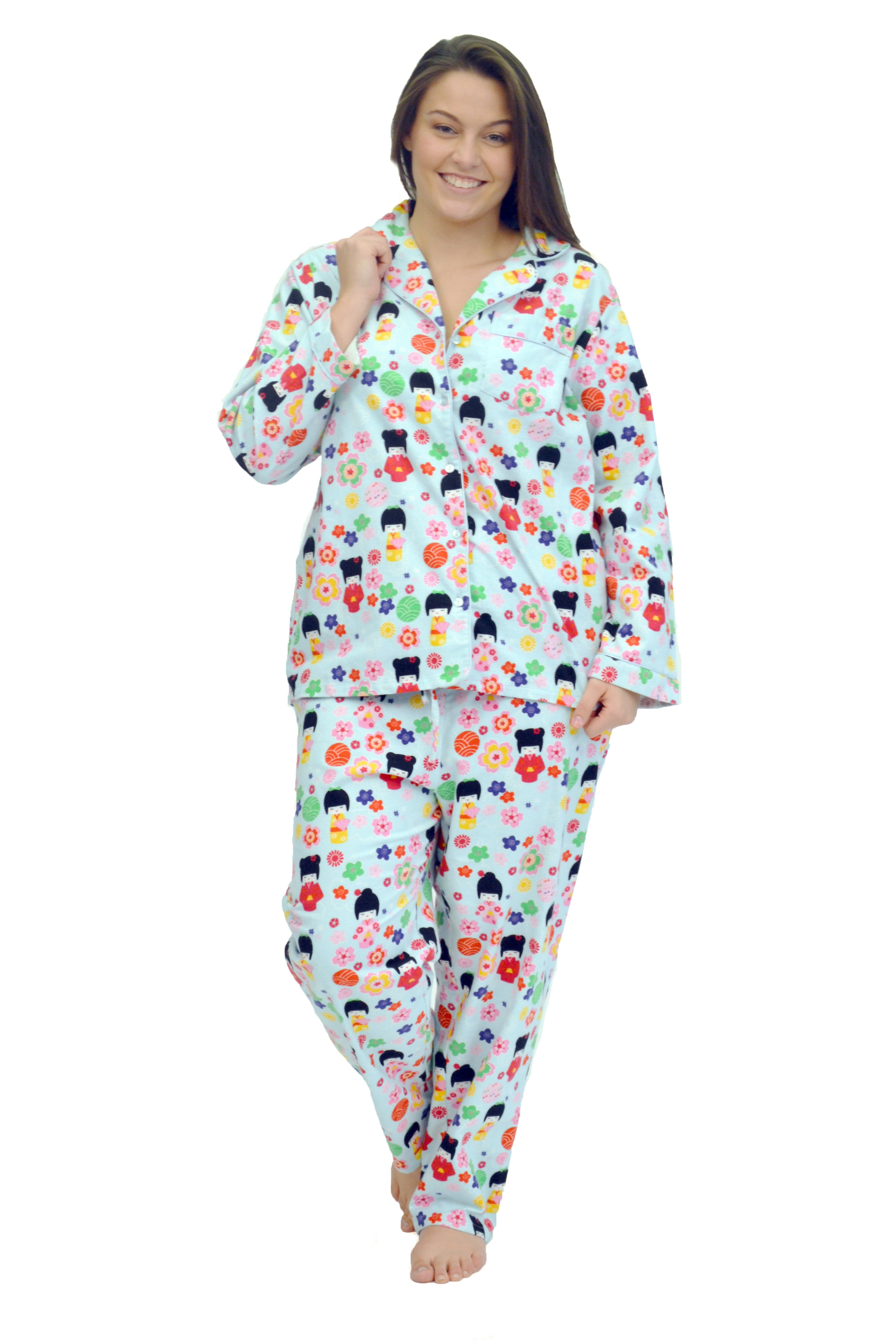 La Cera Plus Size Cat Print Flannel Pajama Set