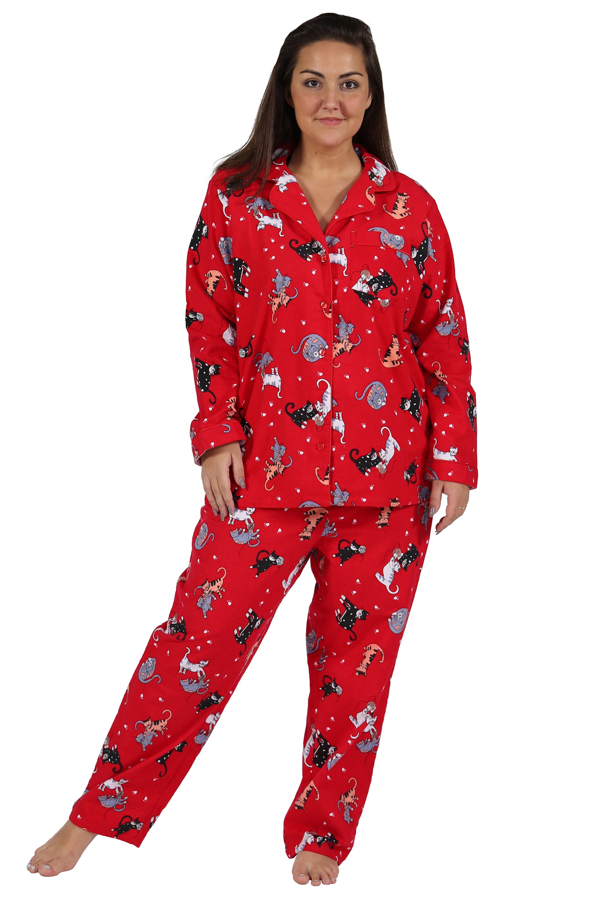 Red Flannel Cat Print Plus Size Pajama Set – La Cera™