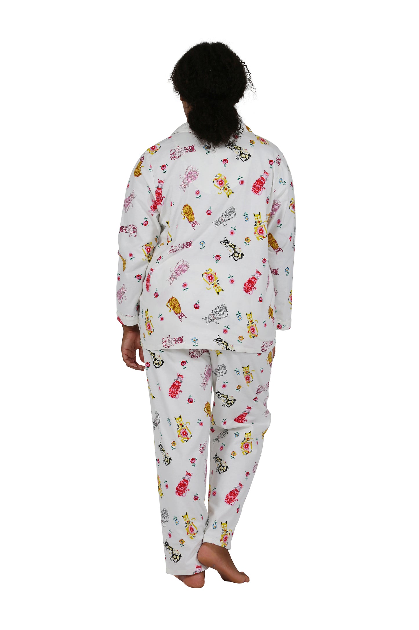 Flannel Cat Print Plus Size Pajama Set - La Cera