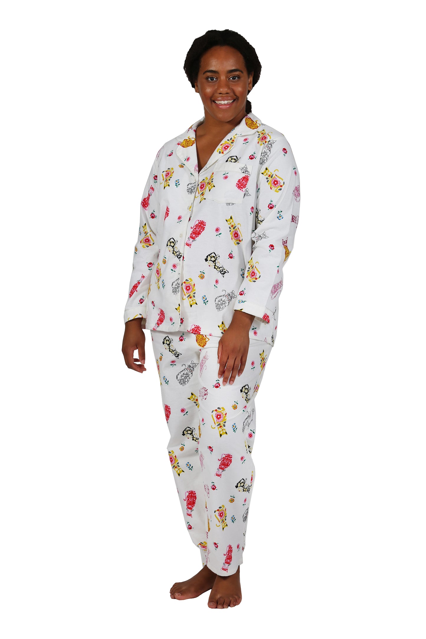 Flannel Cat Print Plus Size Pajama Set - La Cera