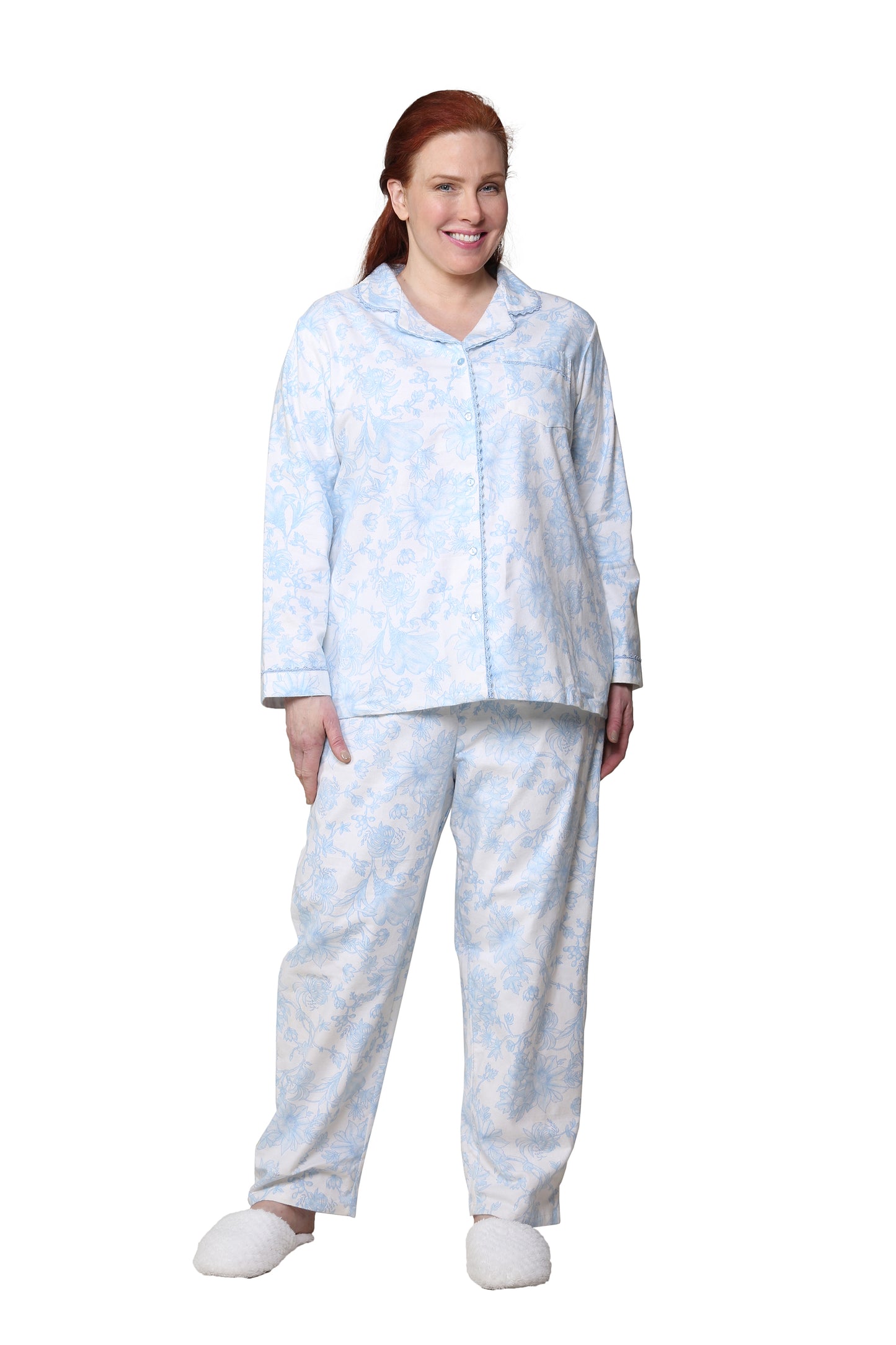 Blue Floral Flannel Long Sleeve Plus Size Pajama Set - La Cera