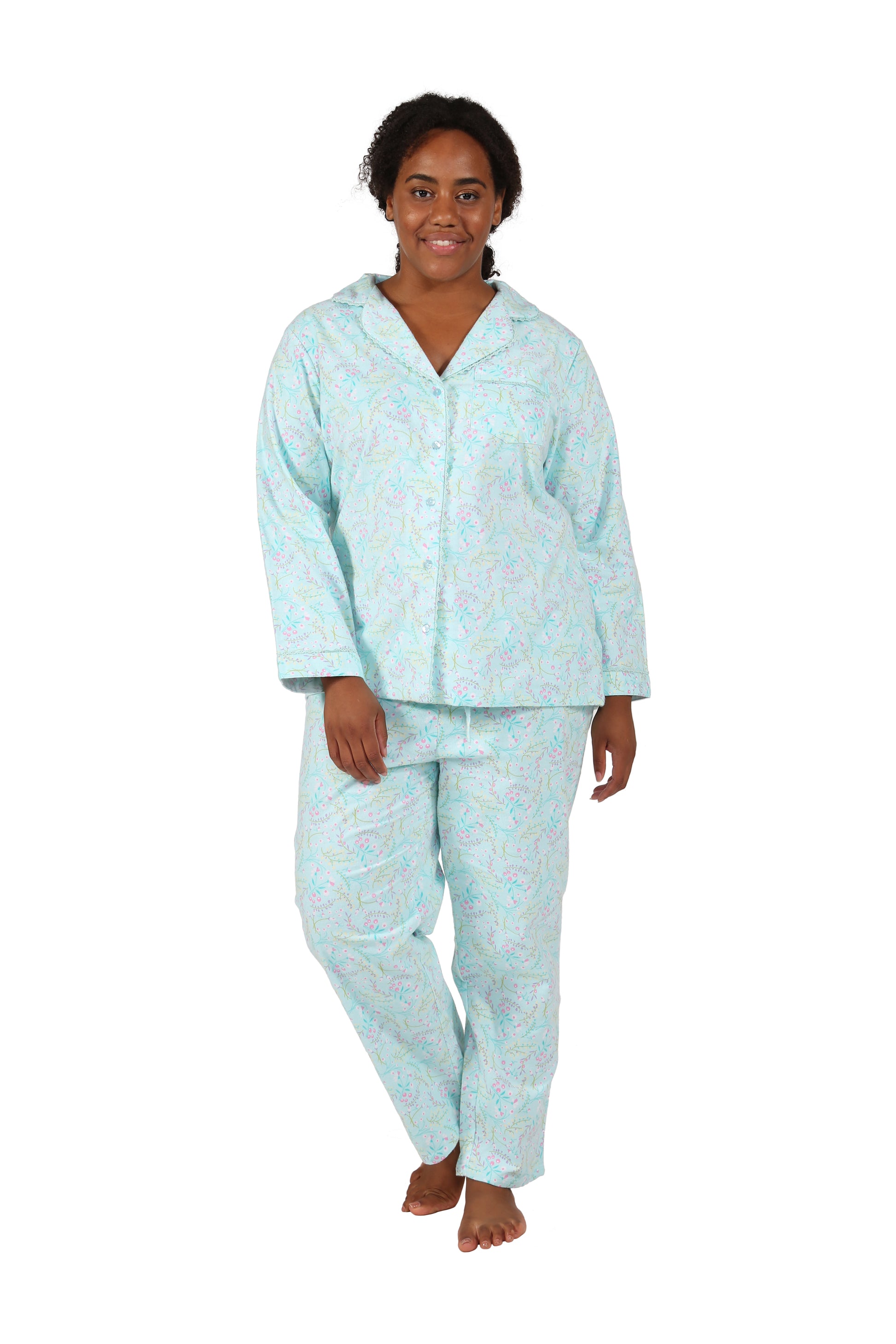 Plus Size Wispy Floral Long Flannel Pajama Set - La Cera