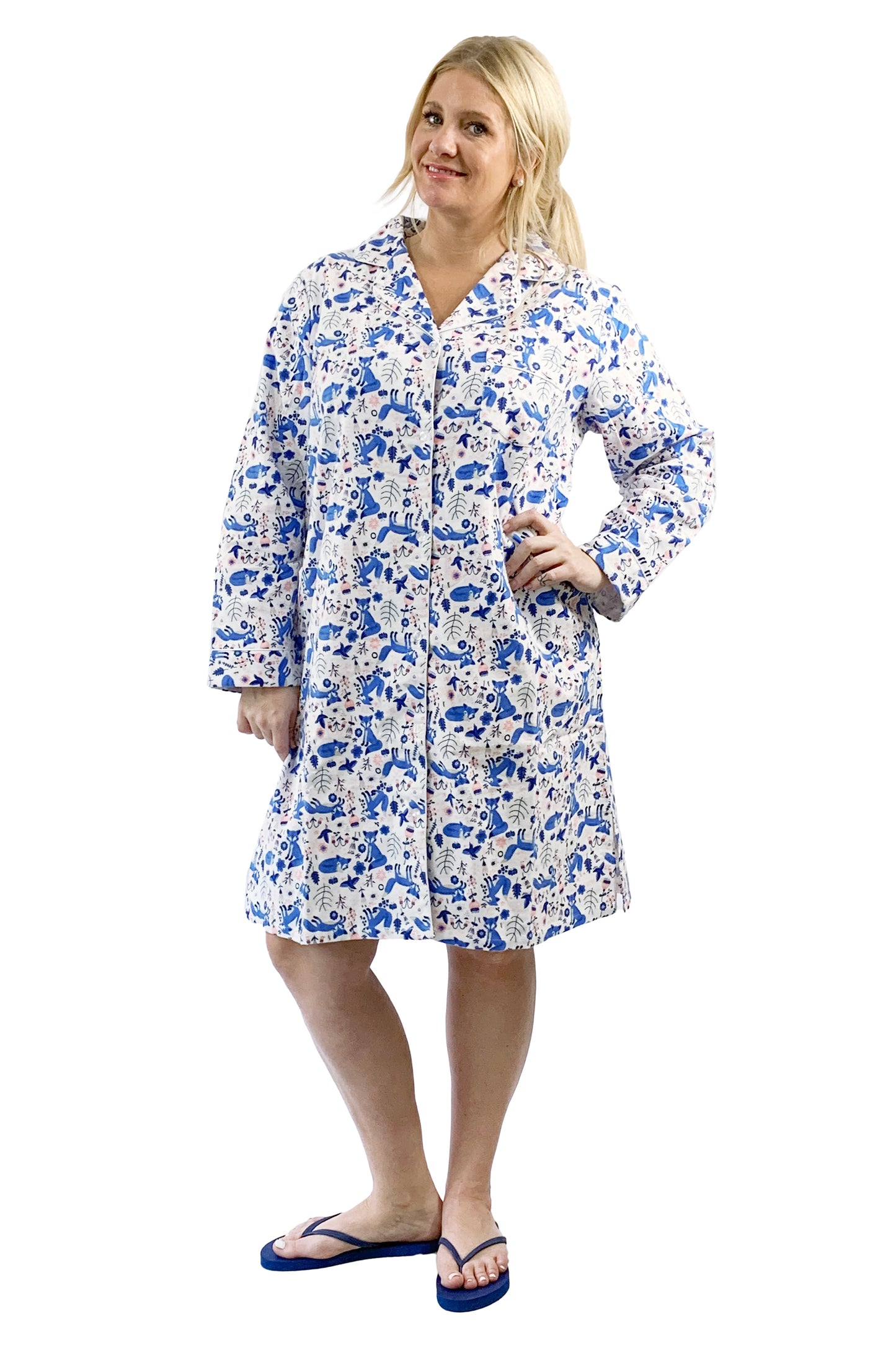 Plus Size Blue Fox Flannel Night Shirt - La Cera