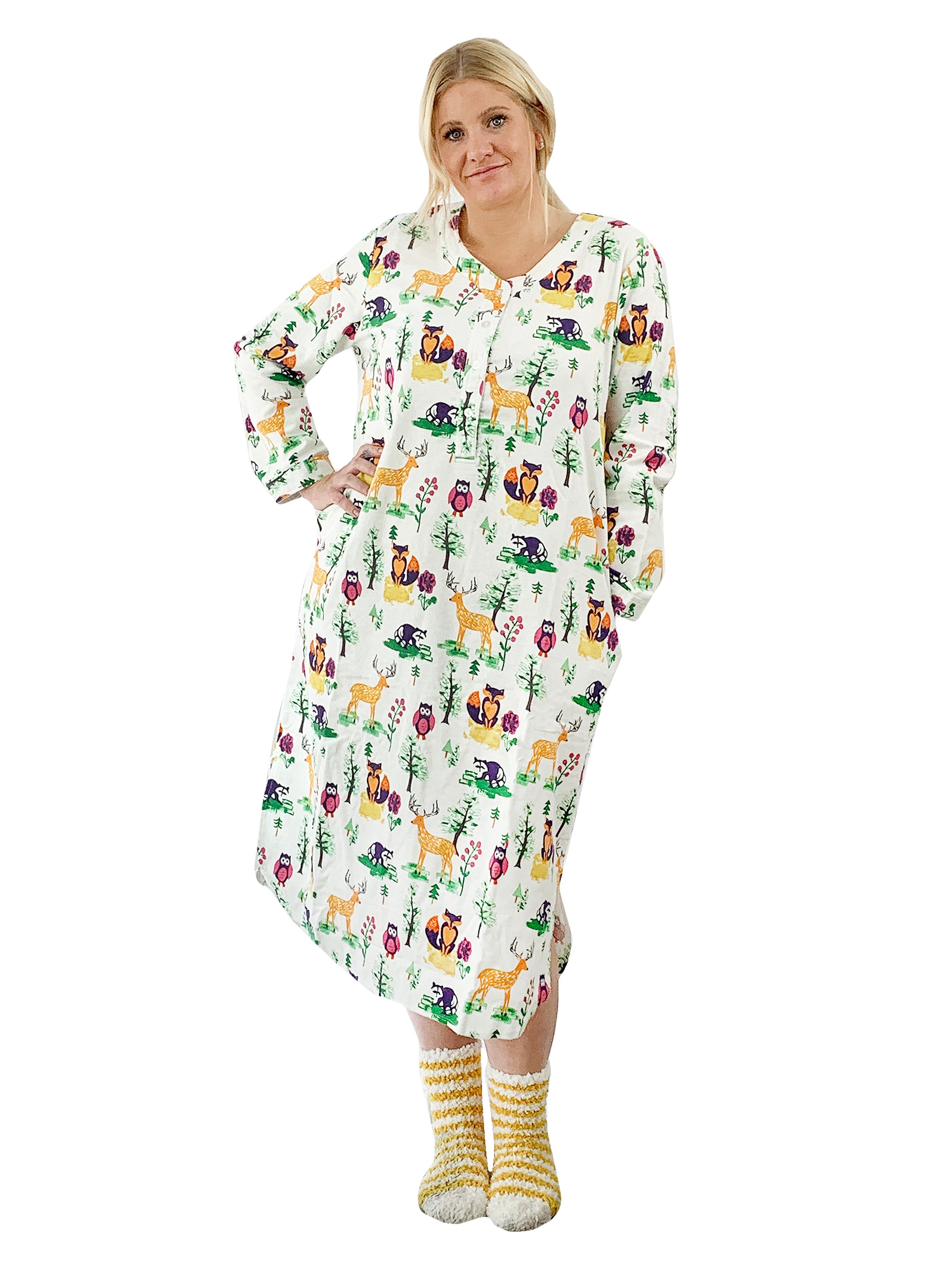 Plus Size Forest Animals Flannel Henley Night Shirt - La Cera